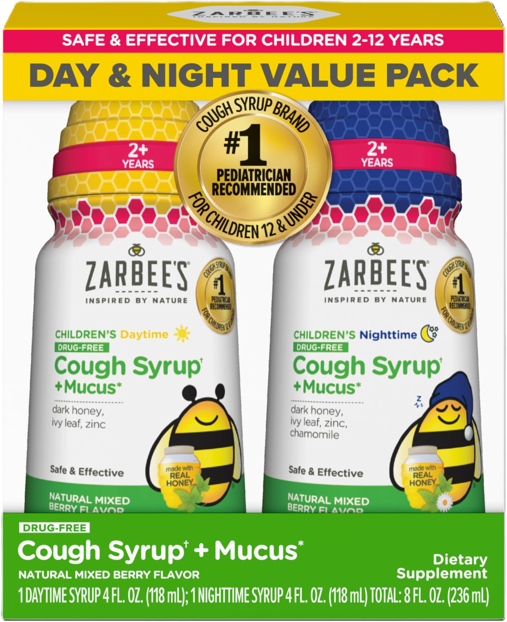 Kids Cough + Mucus Day/Night Value Pack for Children 2-6 with Dark Honey, Ivy Leaf, Zinc & Elderberry, 1 Pediatrician Recommended, Drug & Alcohol-Free, Mixed Berry Flavor, 2x4FL Oz