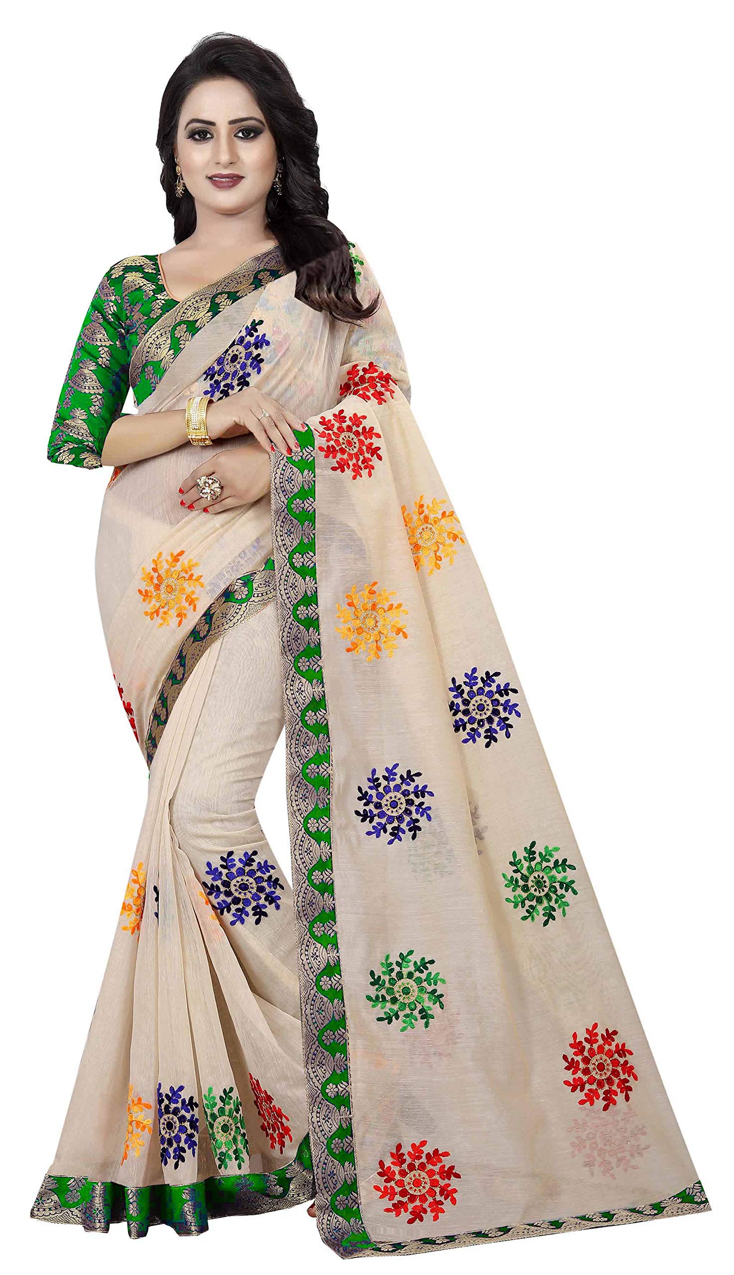 Shreeji DesignerWomen's Ari Embroidery Work and Chanderi Cotton Saree With Blouse Piece (White & Green)