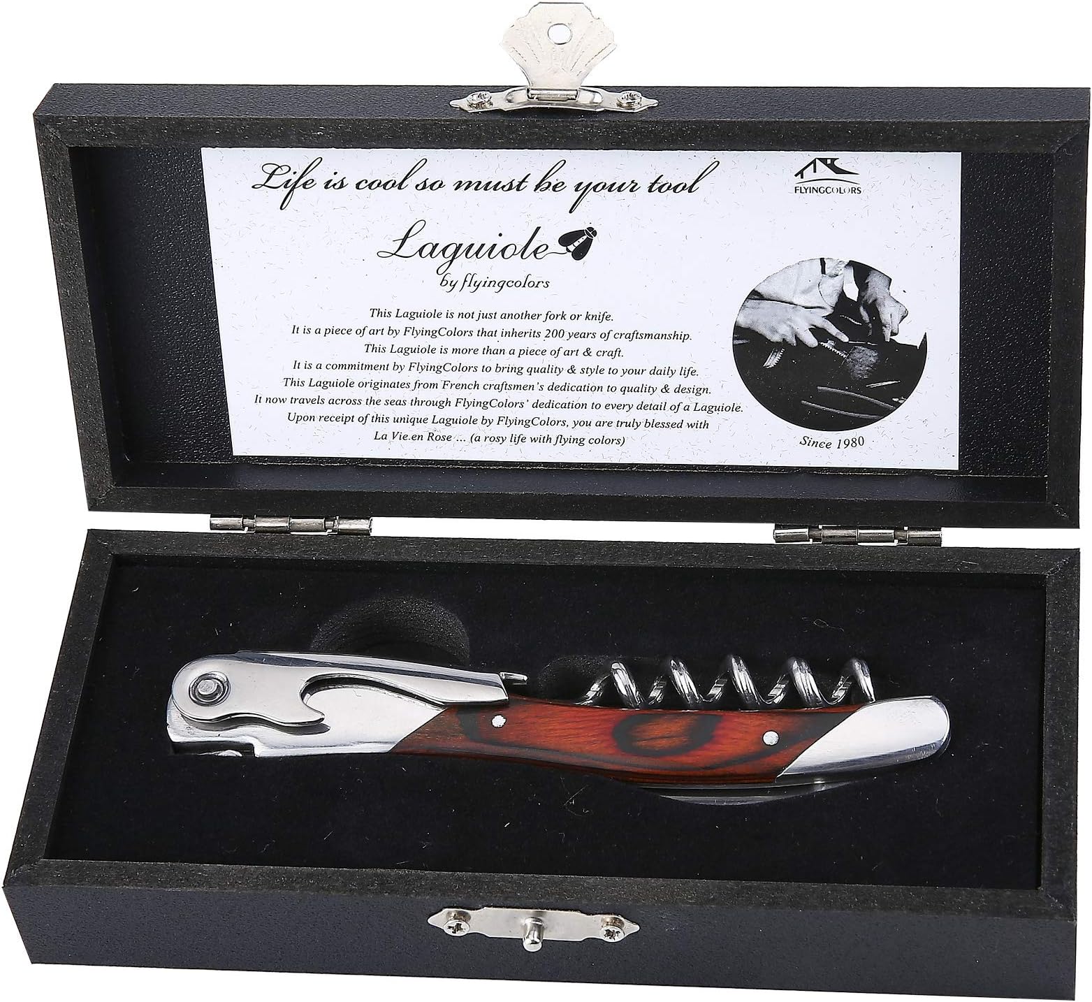 Laguiole By FlyingColors Wine Opener Sommelier Professional Waiter's Corkscrew, Wooden Gift Box. Sommelier Knife, Corkscrew, Foil Cutter, and Bottle Opener (Wood)