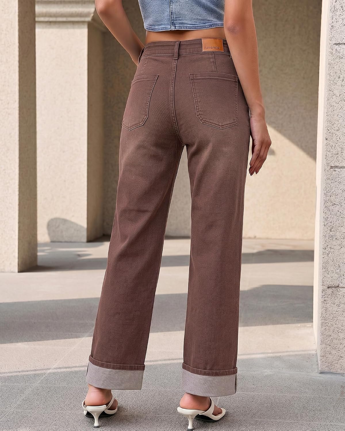 luvamia Wide Leg Jeans for Women Cuffed Hem Adjustable Waist Denim Pants image 2