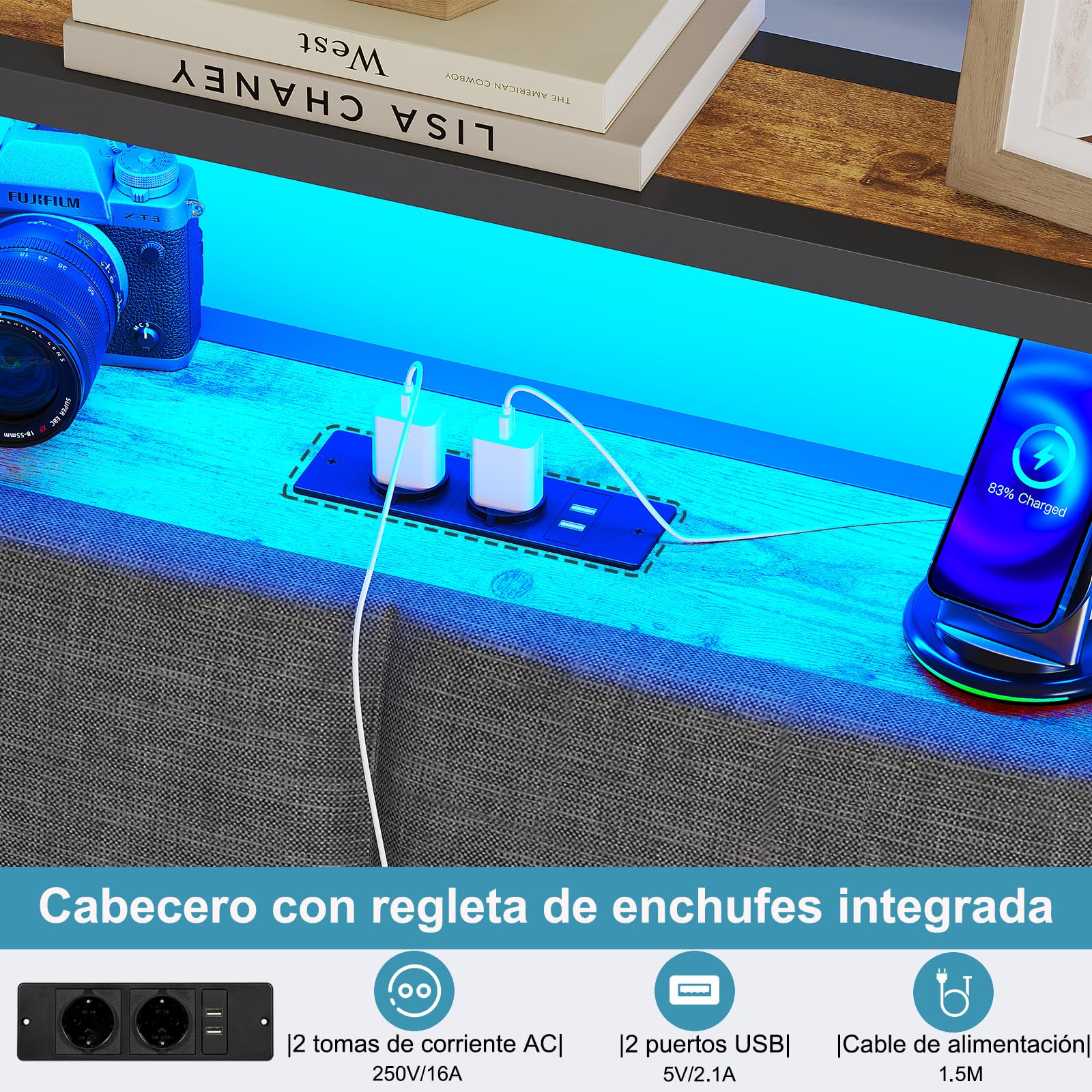 Brinlawb Cama 90x200 cm con regleta de enchufes integrada (2 Tomas de Corriente AC y 2 Puertos USB) Tira de luz LED, Somier 90 x 200 cm, Cama Individual con Estructura de Metal y cabecero. Gris