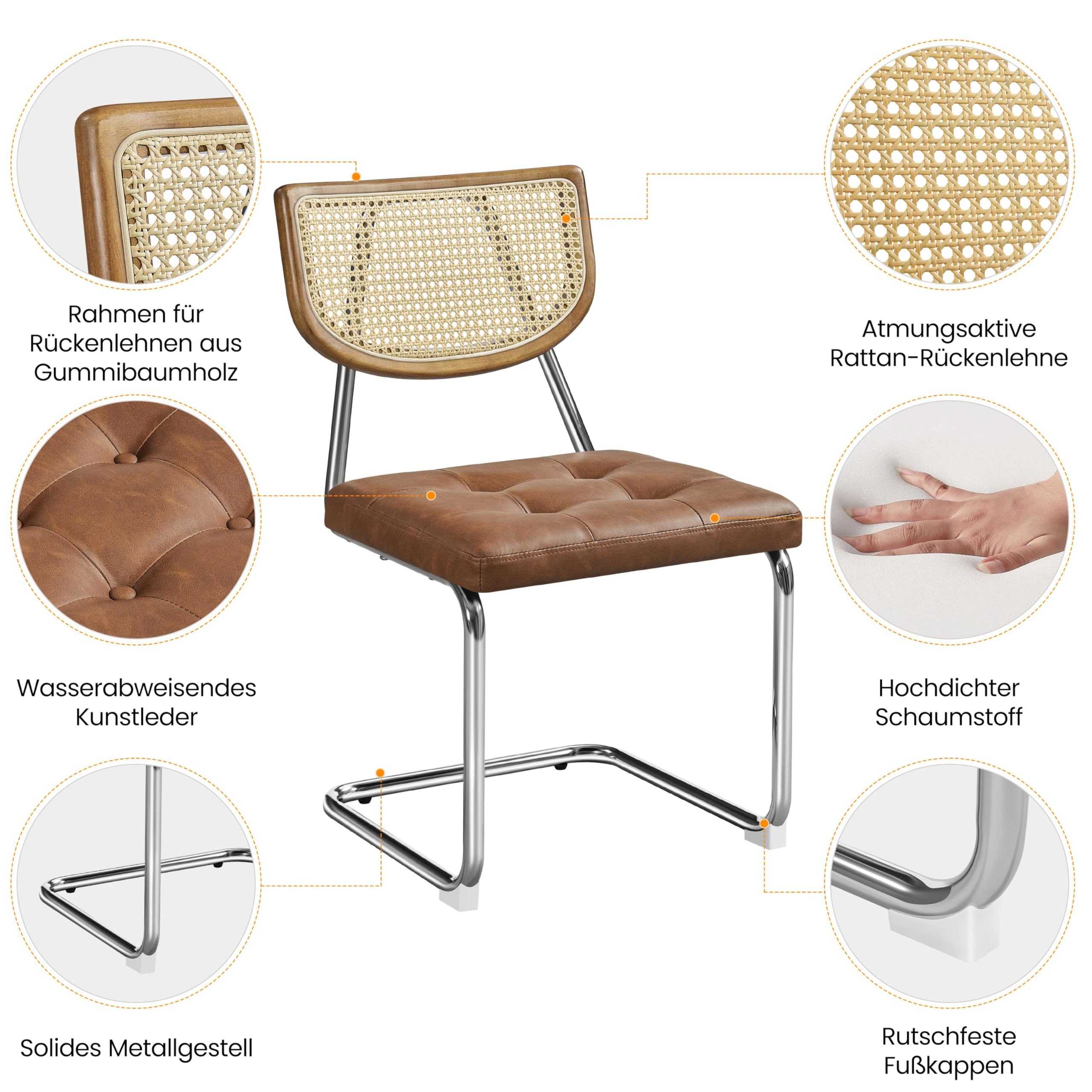Yaheetech Küchenstuhl Esszimmerstühle Rückenlehne aus Rattan Schwingstuhl aus Kunstleder Polsterstuhl fürs Esszimmer/Küche/Wohnzimmer/Restaurant Retro-Braun, 2er Set