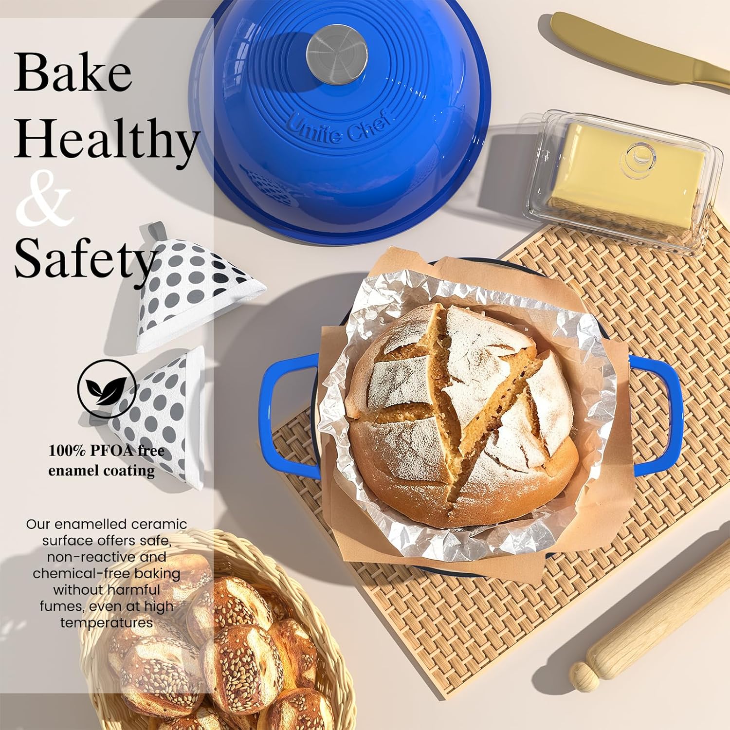 Enamelled Cast Iron Dutch Oven Pot – Dutch Oven Pot with Lid For Sourdough Bread Baking – Cast Iron Bread Oven – Dark Blue, Umite Chef 6QT Pot with Lid & Cotton Potholders - Image 2