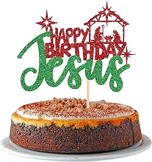 1 PCS Happy Birthday Jesus Cake Topper Glitter Merry Christmas Nativity Jesus Birthday Cake Pick for Nativity Scene Theme Christmas Jesus Birthday Party Cake Decorations Supplies Green Red