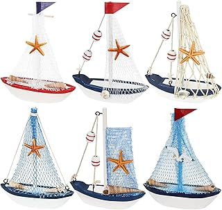 dedoot 6Pcs Wooden Sailing Boat Model Miniature, Handmade Nautical Decor Wood Sailing Boat Decoration for Table Ornament, Photo Props, Beach Ocean Theme Party and Room Decor, 4.3x6.1 Inches