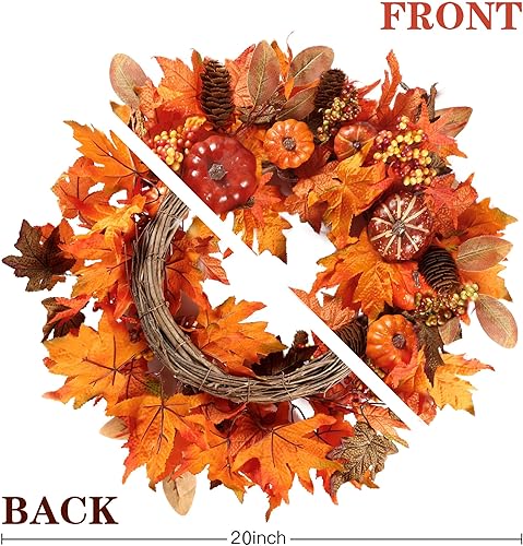 Miniatura 6 de Sggvecsy Corona de otoño de 20 pulgadas, corona de otoño para puerta delantera con calabaza, bayas, hojas de arce, conos de pino para decoración de