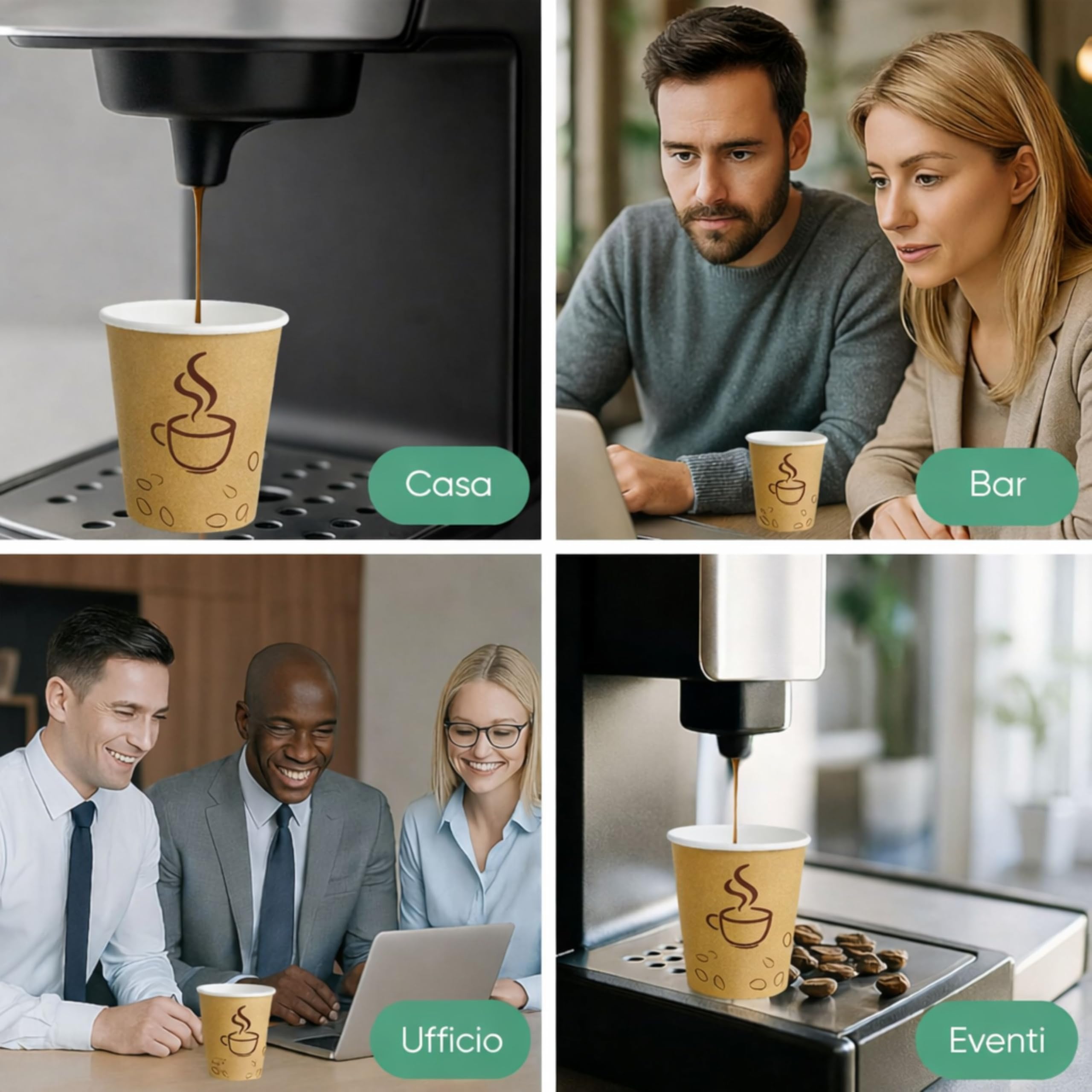 1000 Bicchieri di Carta da 120ml, Colore Avana e Grafica Caffè - Rivestimento Interno Impermeabile, Perfetti per Bevande Calde - Biodegradabile, Look Professionale - Per Bar, Ufficio, Eventi