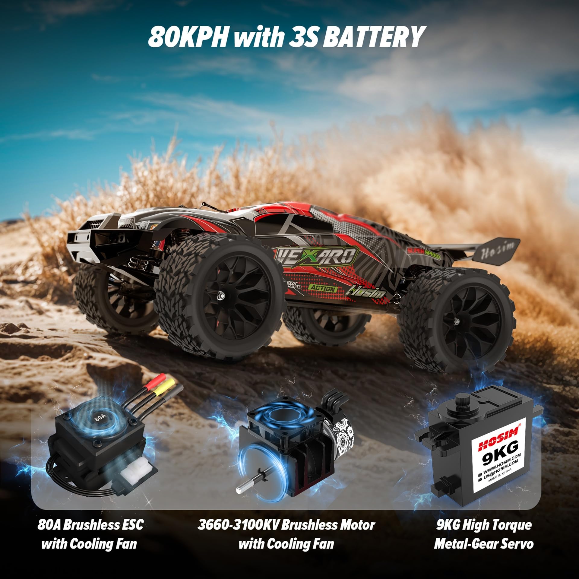 Hosim Coche teledirigido a partir de 14 años, 1:8 sin escobillas RC coche 70+ km/h, alta velocidad, 4x4 Offroad Monster Truck impermeable, gran coche RC para adultos, All Terrain Truggy 40+ min con 2