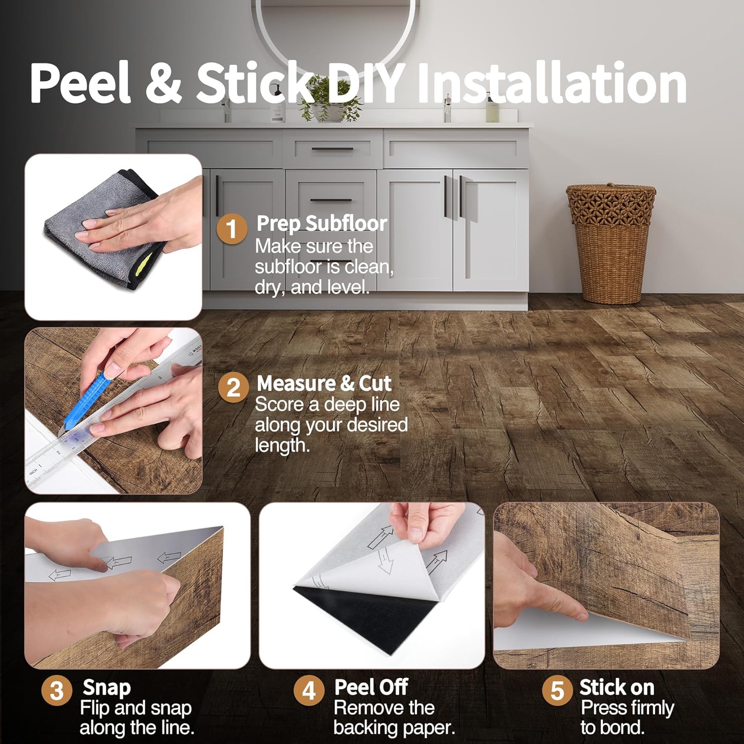 Peel and Stick Vinyl Flooring 36 Pack 54 Sq.Ft, Wood-Look Luxury Vinyl Plank Flooring, Waterproof Self-Adhesive DIY for Bedroom, Kitchen and Bathroom