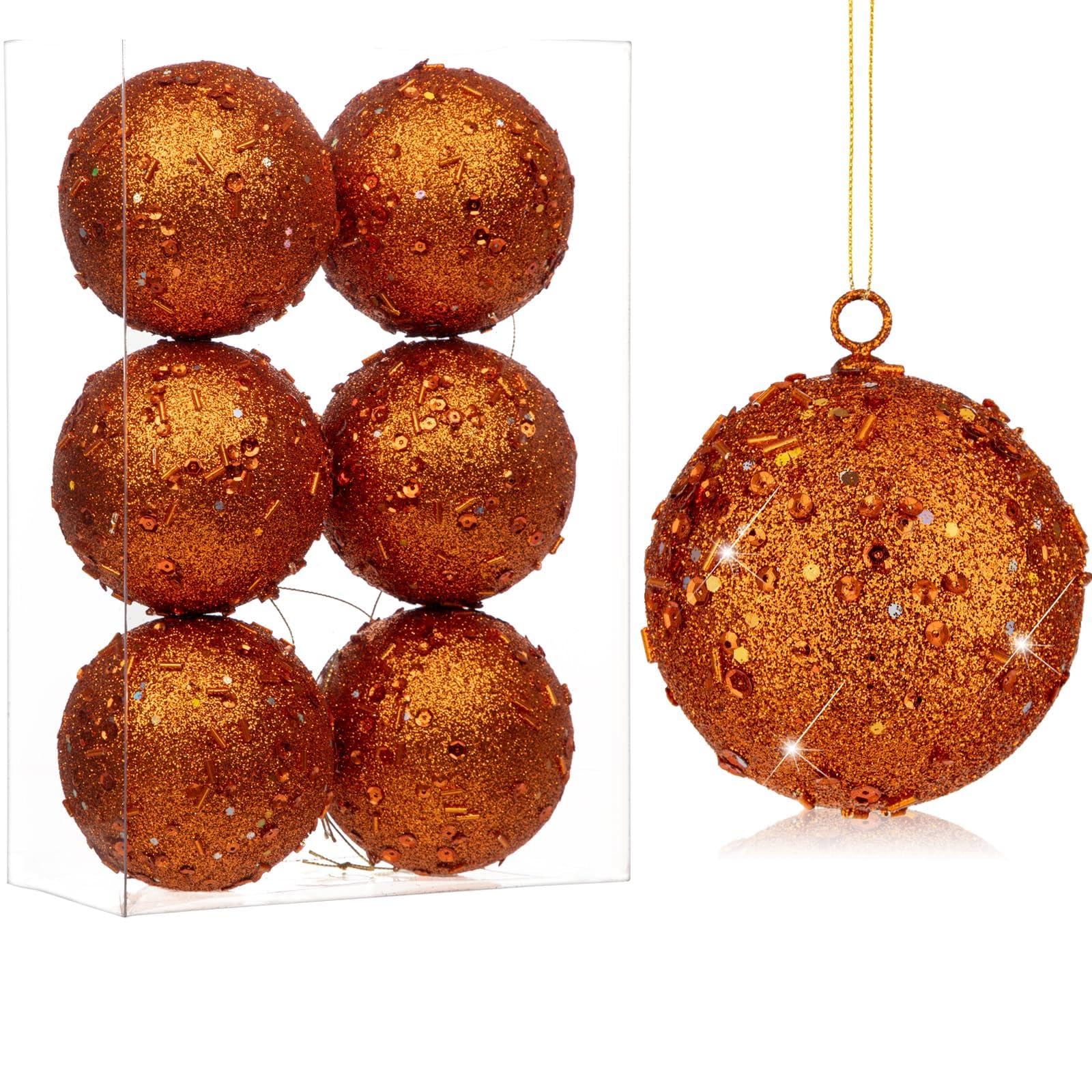 Oairse 8cm Large Christmas Bauble Ornaments 6 Pcs Shatterproof Big Orange Bauble for Xmas Tree Glitter Christmas Tree Ornaments for Halloween Holiday Wedding Party Decoration