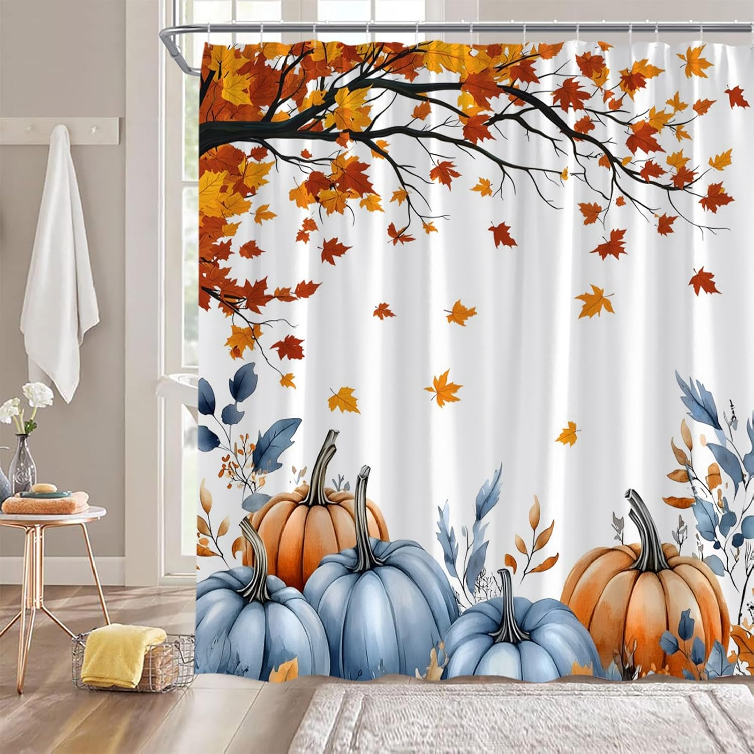 Fall Shower Curtain Pumpkin Autumn Thanksgiving Harvest Fallen Maple Leaves Vintage 70" Wx84 H Fabric Bathroom Decor Curtain with Hooks