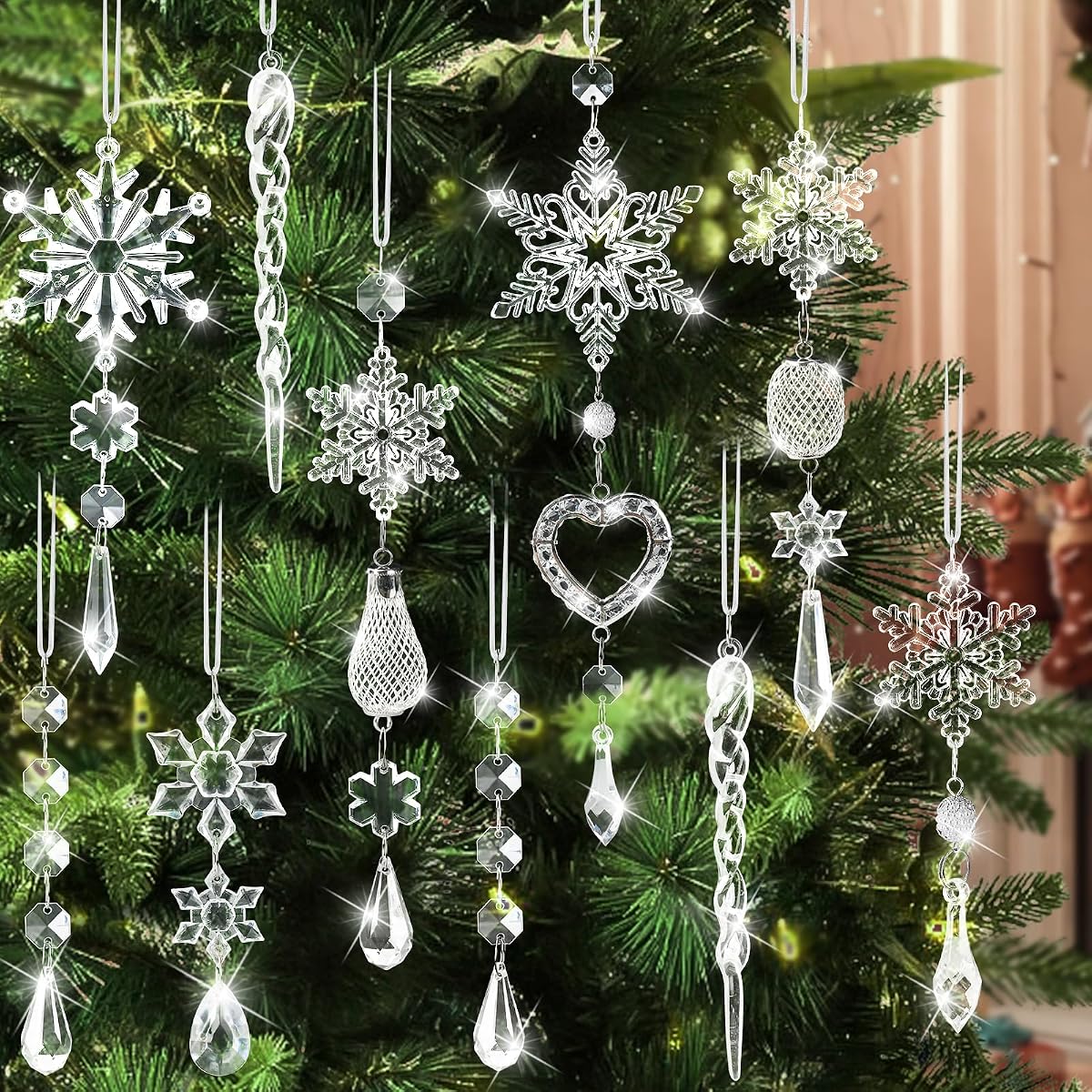 21 piezas de adornos para árbol de Navidad, decoraciones colgantes para fiesta de Año Nuevo de Navidad | Decoraciones de cristal para árboles de Navidad, colgante de carámbano de copo de nieve acrílico brillante y deslumbrante, decoración para eventos de fiesta