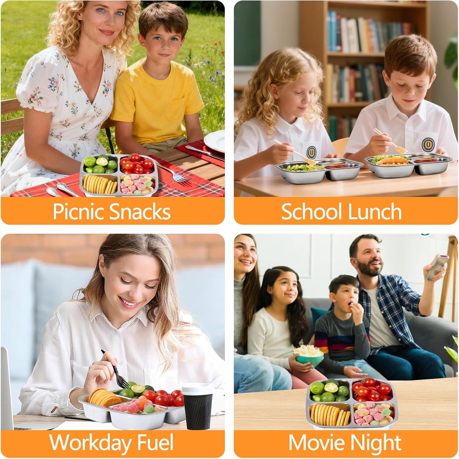 2 Pack Stainless Steel Snack Containers, 4 Compartment Lunch Containers with Lids, Leak-Resistant Bento Lunch Box for for Office, Outdoor - Image 7