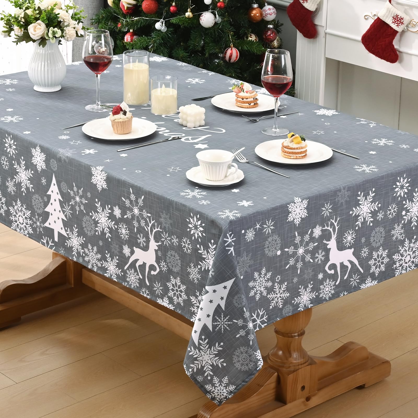 Alishomtll Mantel de Navidad gris, copo de nieve, alce árbol de Navidad, manteles rectangulares, impermeables y lavables, decoración festiva para fiestas de invierno, 130 x 220 cm