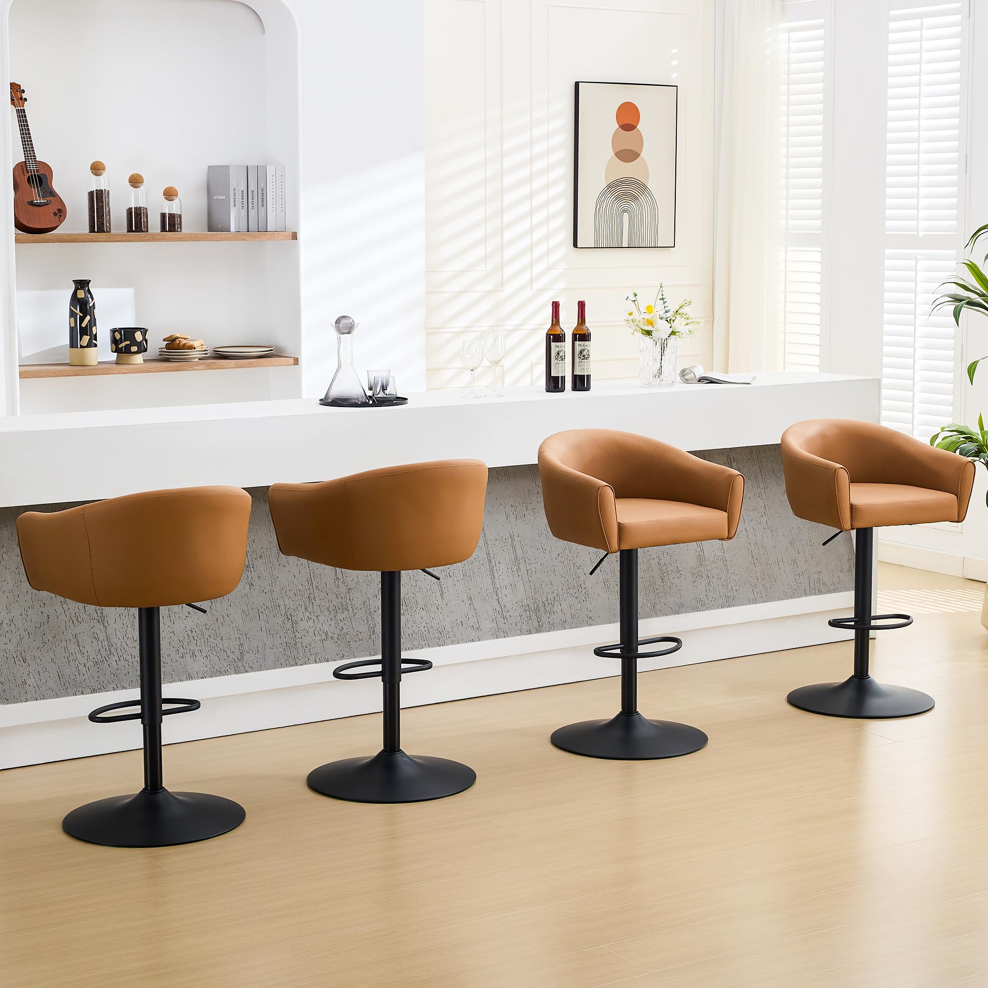 FIRAVOE Bar Stools Set of 4, Swivel Counter Height Barstools with Back and Arms, Adjustable Faux Leather Bar Chair, Upholstered Island Stool for Bar,