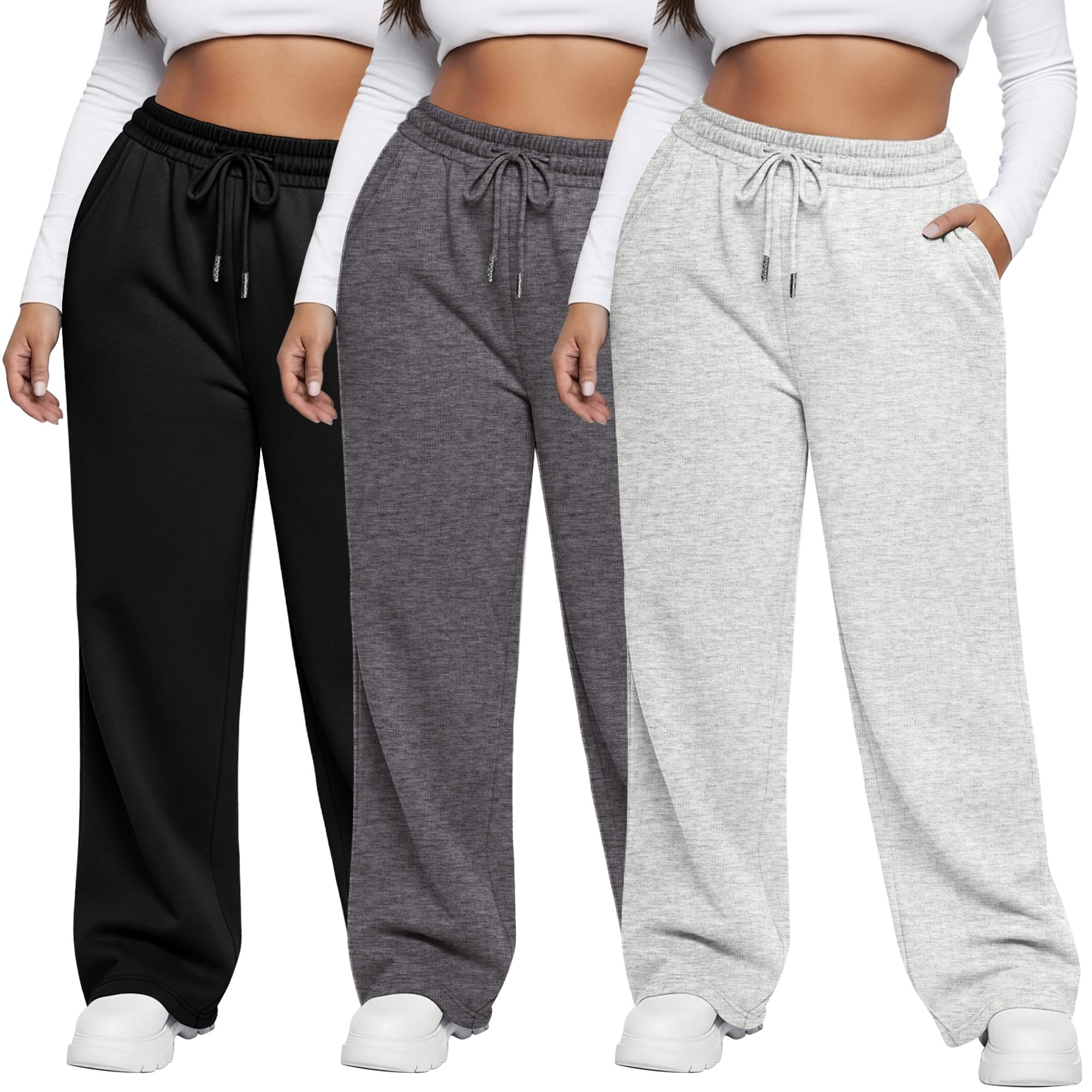 Neer 3 Pack Women's Plus Size Sweatpants Wide Leg Cargo Lounge Pants High Waist Ladies' Slacks Drawstring Jogger with Pockets
