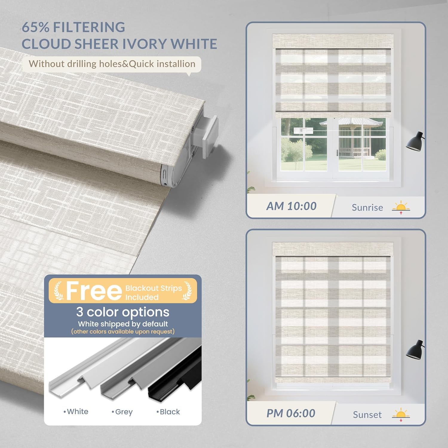 Boolegon No Drill Motorized Zebra Blinds with Remote, 65% Blackout Smart Zebra Shades for Indoor Windows, Easy to Install Automatic Roller Shade, Cloud Sheer Ivory White, Custom Sizes
