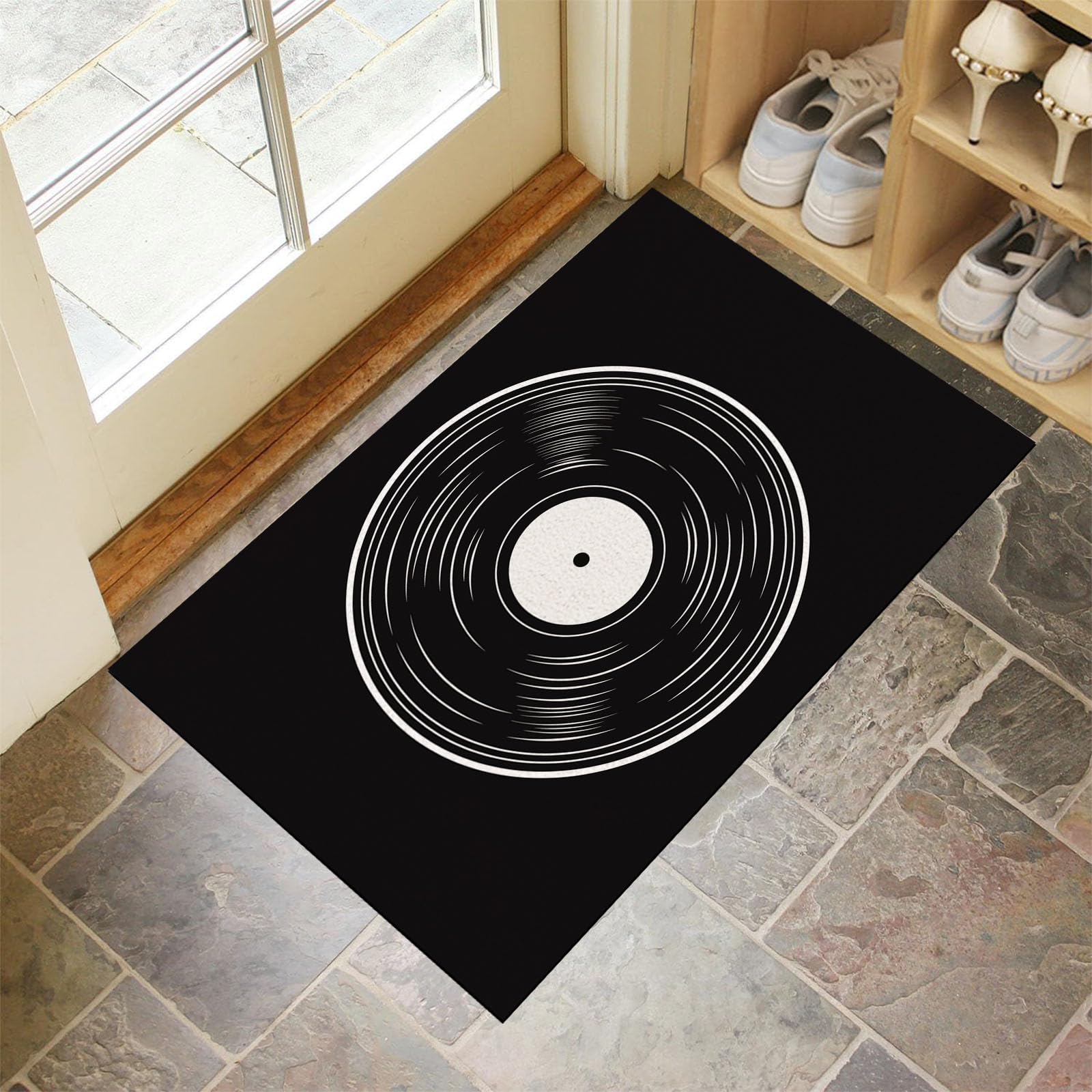 Tapis d'entrée intérieur disques vinyles 50x80cm noir