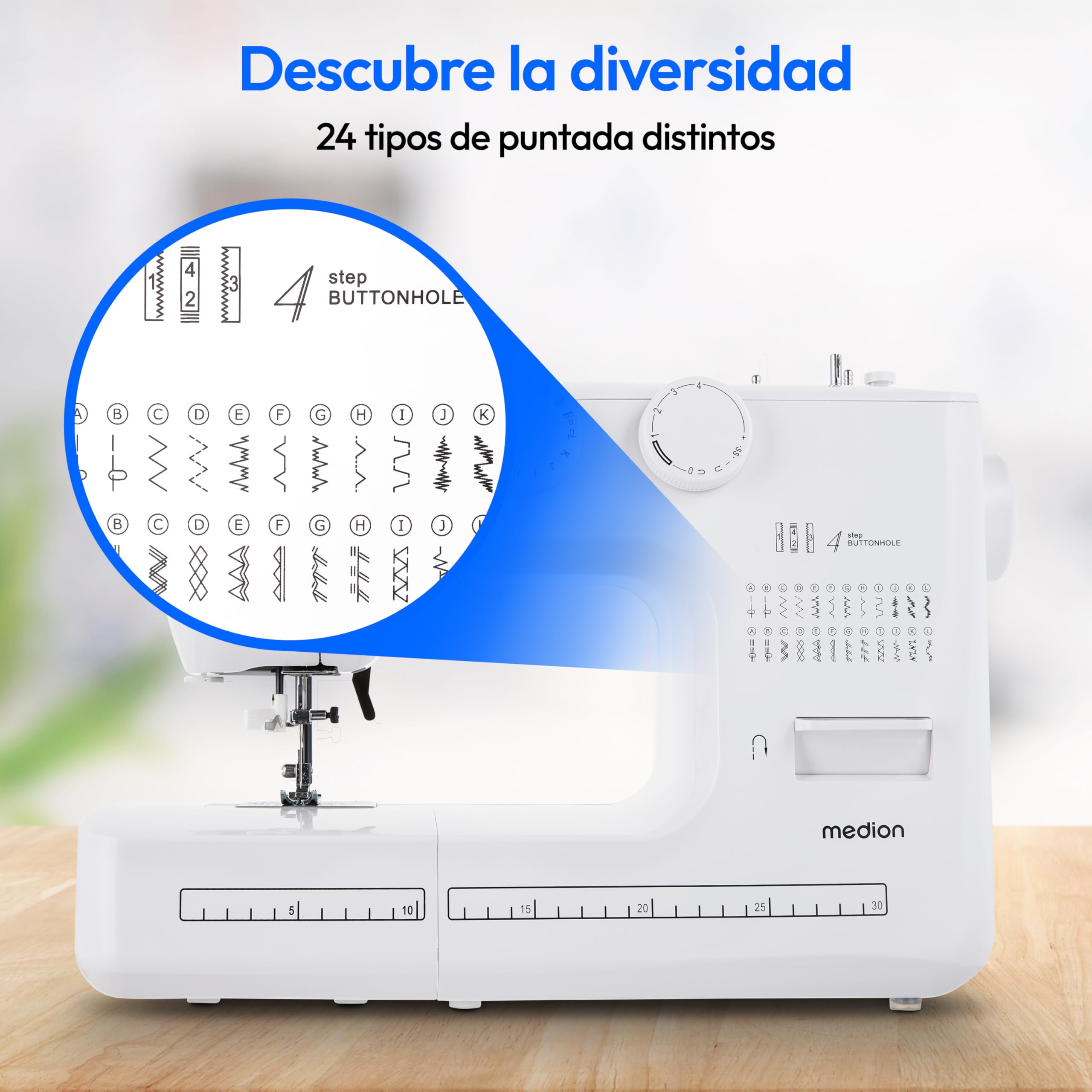 MEDION máquina de coser de brazo libre SM60 (60 vatios, 60 puntadas diferentes con ojales, luz de costura LED, enhebrador automático, botón de marcha atrás, cortador de hilo, MD10689) blanca