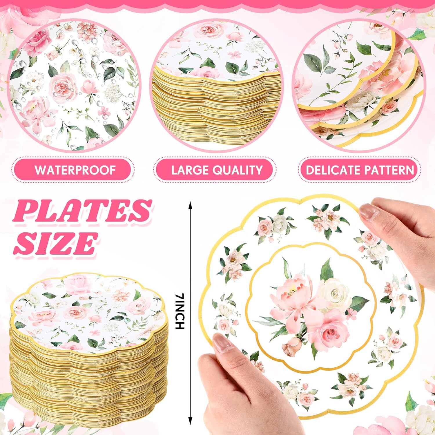 Umigy 120 Pcs Summer Pink Floral Paper Plates 7 Inch Floral Party Decoration Plates, Summer Wild Flower Disposable Decorative Tableware for Birthday Wedding Baby Shower Tea Party Bridal Shower - Image 2