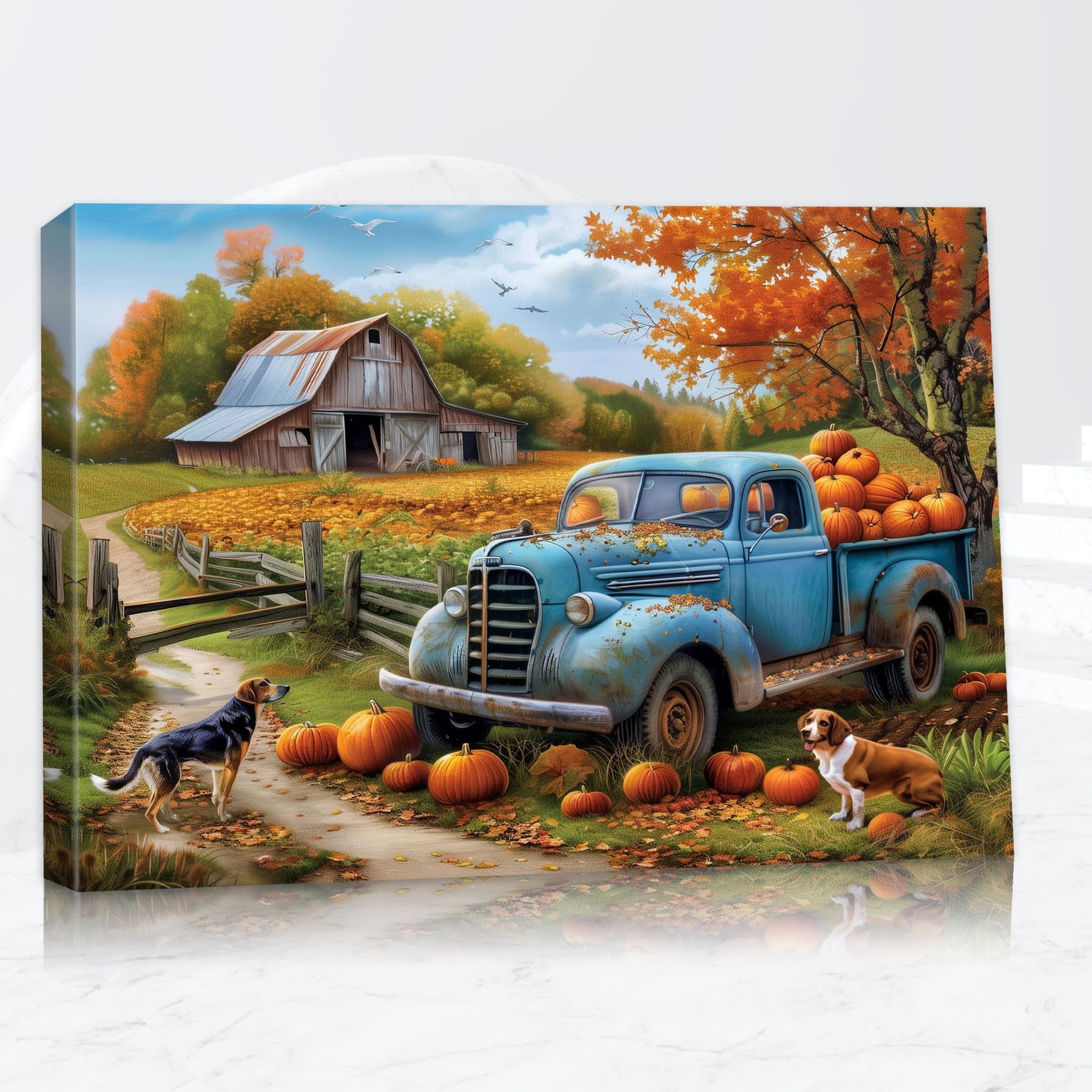 Farmhouse Barn Wall Art, Vintage Truck Farm Canvas Art, White Barn Pictures Wall Decor Bedroom, Rustic Blue Truck Painting Prints, Farm Fall Landscape