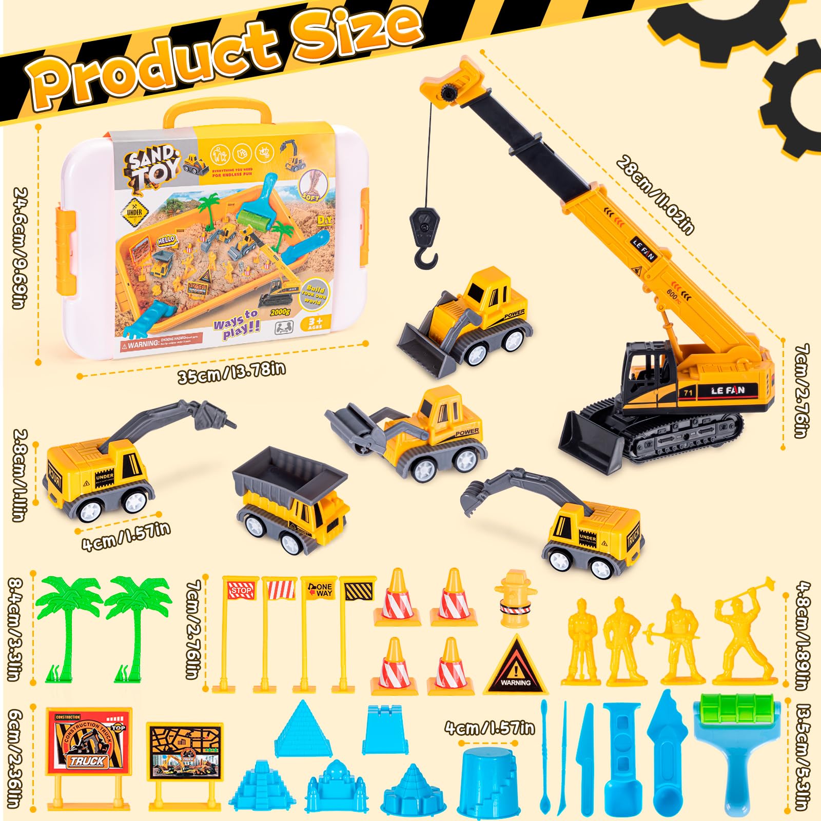 Thedttoy 2KG Arena de Modelar Mágica para Niños,Sitio de Construcción Caja con Grúa Juguete,Mini VehÍculos&Moldes,Sensoriales Juego de Arena Regalo para Niños Niñas