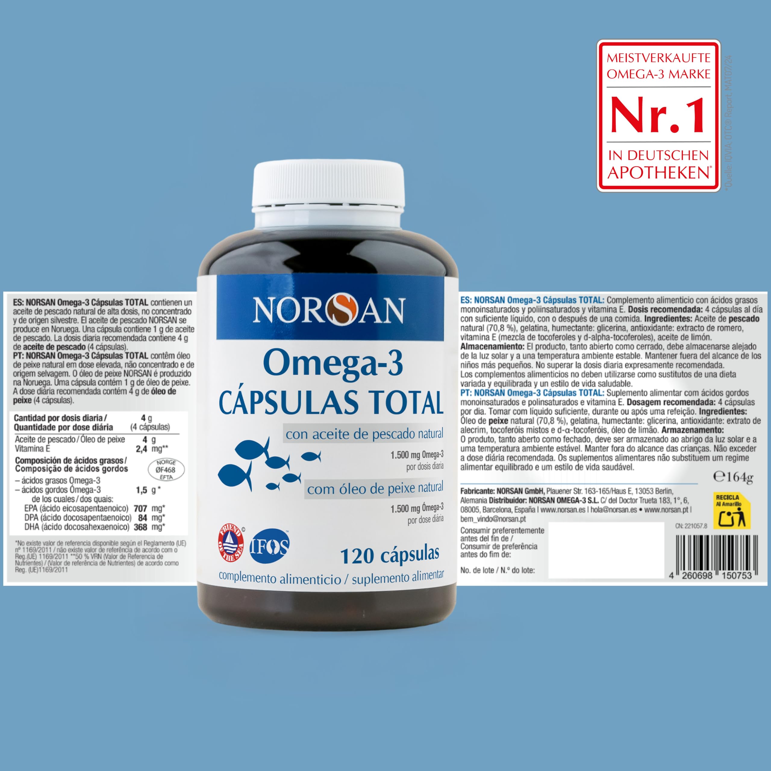 NORSAN oméga 3 gélules 120 pièces / 1.500mg d'oméga 3 par portion/complément alimentaire omega 3 avec 707mg EPA &