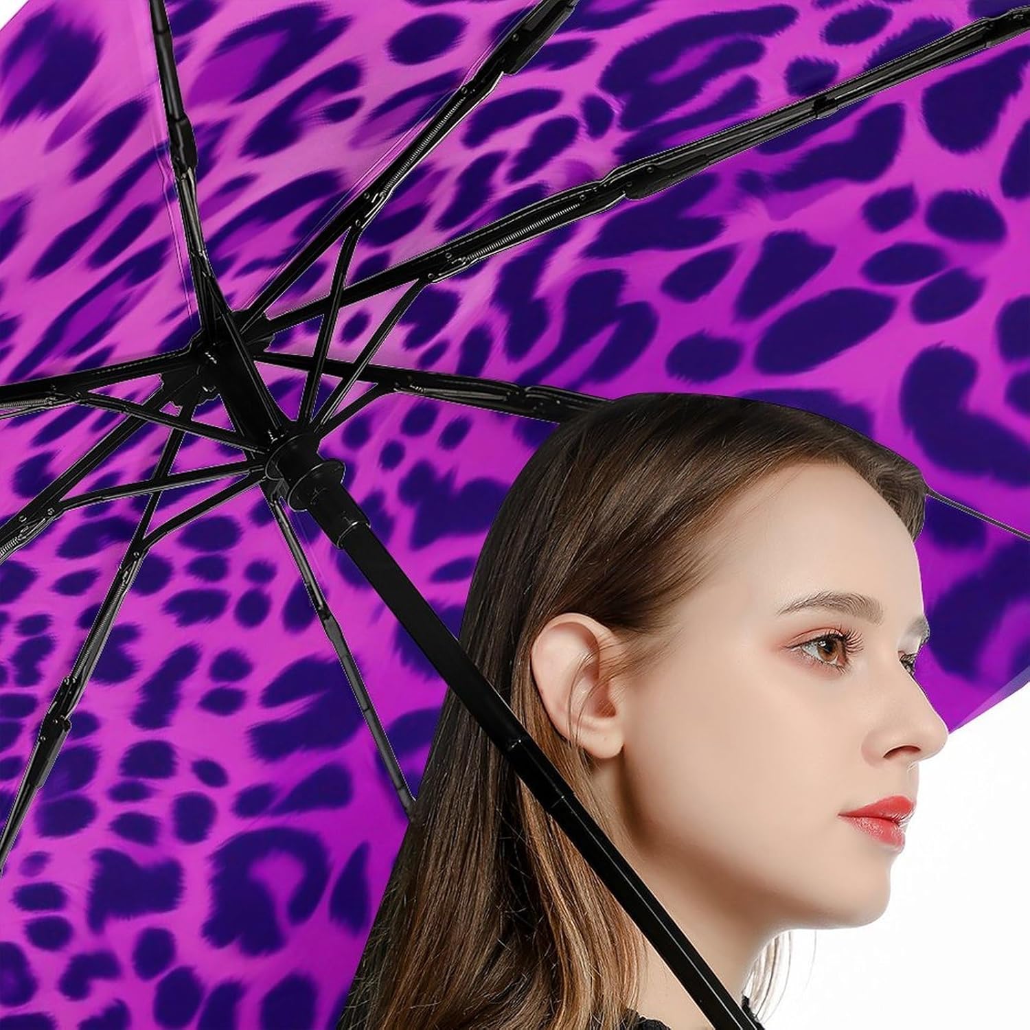 Leopard Pattern Print Windproof Travel Umbrella Compact Portable Automatic Umbrella for Sun Rain