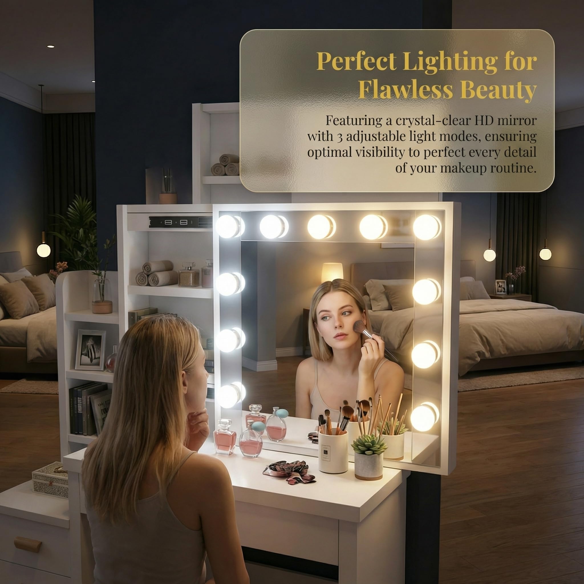 Coiffeuse Maquillage avec Miroir LED, Luminosité Réglable 3 Couleurs, Table de Maquillage avec Tabouret, 4 Tiroirs & 7 Étagères, Coiffeuse Moderne Bois Blanche pour Chambre Nouvelle Version