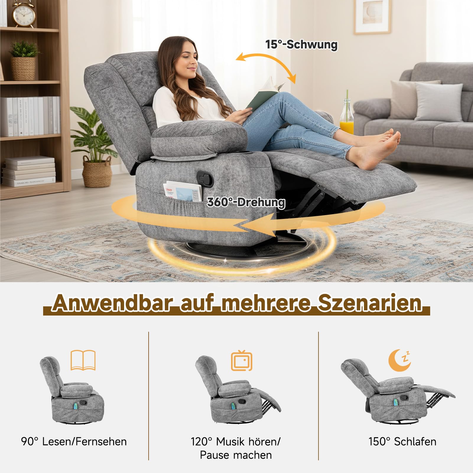 HAUSPROFI Fernsehsessel mit Wärme und Massage, Relaxsessel mit Liegefunktion, TV Sessel Wohnzimmer 360° Drehbarer mit 6 Seitentaschen Getränkehalter, Elektrisch Verstellbar Massagesessel, Grau