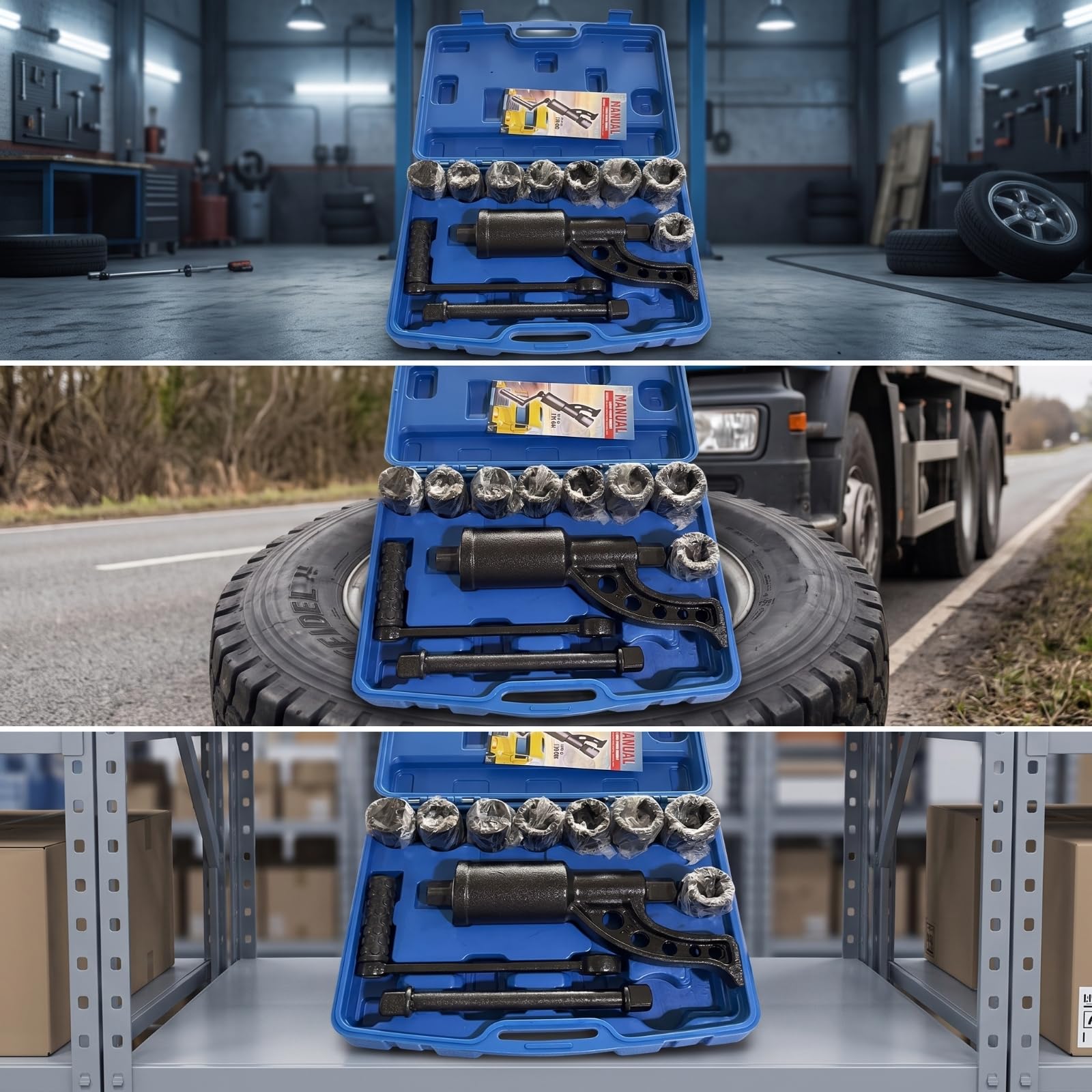 Clé Démontage Pneu Véhicule avec Manivelle et Huit Douilles en Acier Haute Teneur en Carbone pour Camion et Remorque Adaptée aux Ateliers Mécaniques et Urgences Routières