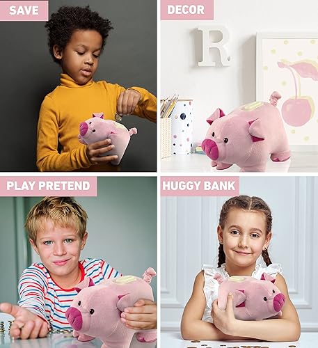 Miniatura 3 de DolliBu - Banco de peluche de cerdo rosa, súper suave, alcancía para niños y niñas, bonito juguete esponjoso de almacenamiento de dinero para niños,