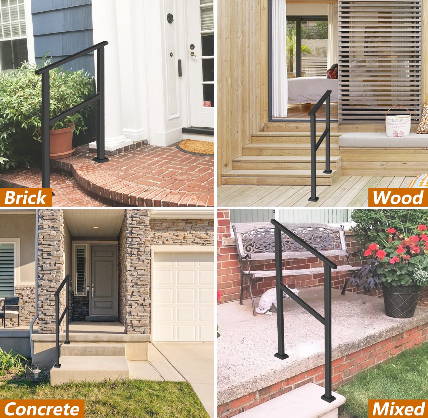ARCTICSCORPION Outdoor Handrails For Steps, 1-2 Step Black Wrought Iron Handrail, Rustproof Durable Design - View #2