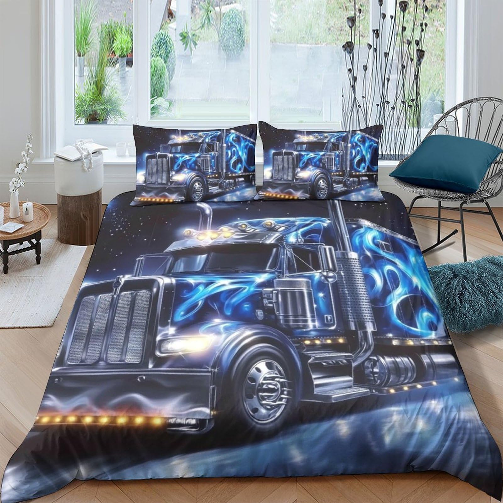 GPLZQXKJNH 3D Printed Blue Truck Duvet Cover Microfiber Soft Breathable Lightning Bedding Set with 2 Pillowcases for Bedroom Decor Single（135x200cm）