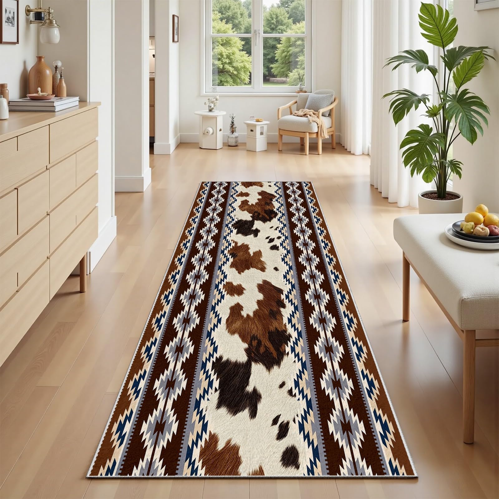 Tapis de passage cuisine lavable et antidérapant motif peau de vache marron