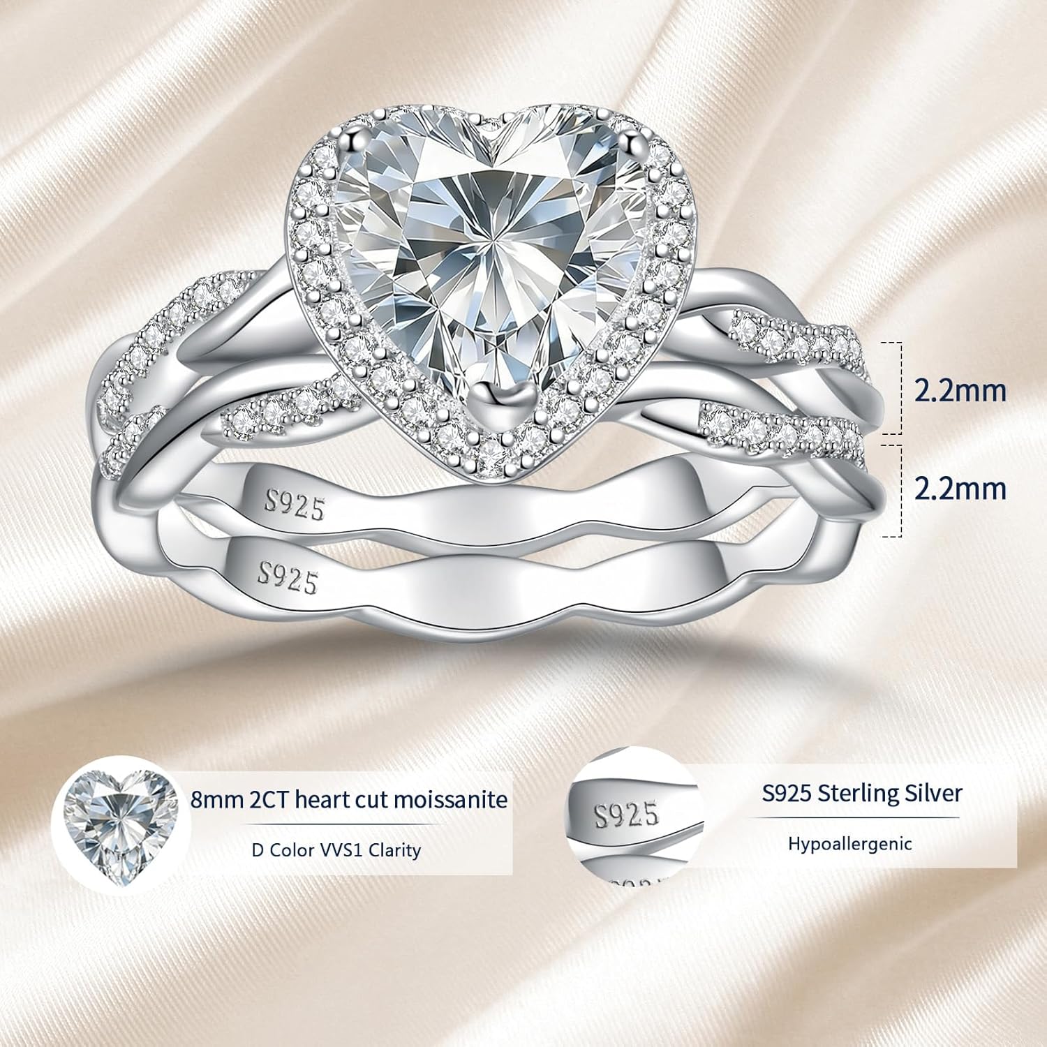 Moissanite Promise Rings for Her, 2CT D Color VVS1 Heart Cut Stone, 925 Sterling Silver Infinity Knot Twisted Engagement Wedding Anniversary Promise Gift with Certificate, Size 5-10