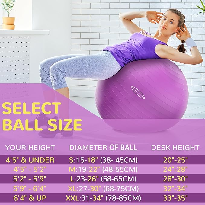 The exercise ball is available in multiple sizes, catering to a range of heights and exercise needs, thereby offering personalized comfort and effectiveness for various exercises. The different sizes also make it suitable for diverse activities, from core strengthening and flexibility training to balance enhancement. Additionally, the ball comes in a variety of colors, allowing users to choose options that fit their personal style or home gym decor.