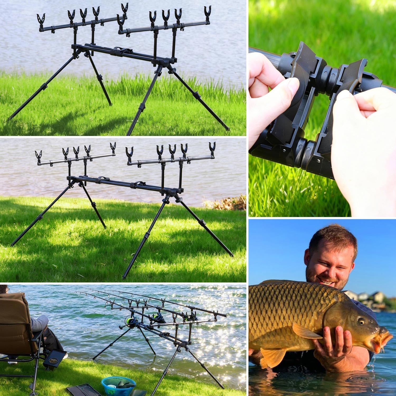 Yun Nong Support de canne à pêche à la carpe entièrement réglable en aluminium robuste pour canne à pêche à la carpe