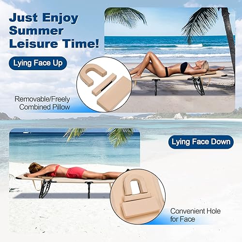 Miniatura 3 de Goplus Silla bronceadora, silla de playa plegable con orificio para la cara, almohada extraíble, capacidad de 350 libras, correa de transporte,