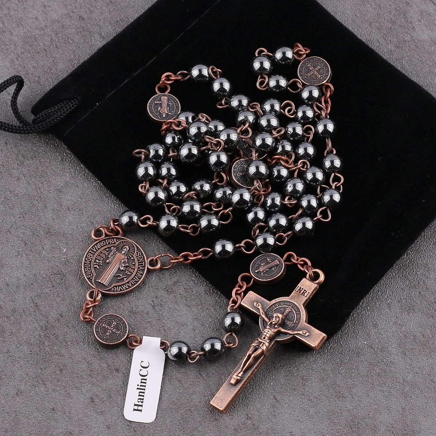 HanlinCC 6mm Hematite Stone Black Beads with Antique Copper Plated St.Benedict Center Piece Medal and Crucifix Cross Catholic Rosary Necklace for Men and Women with Black Velvet Bag - Image 5