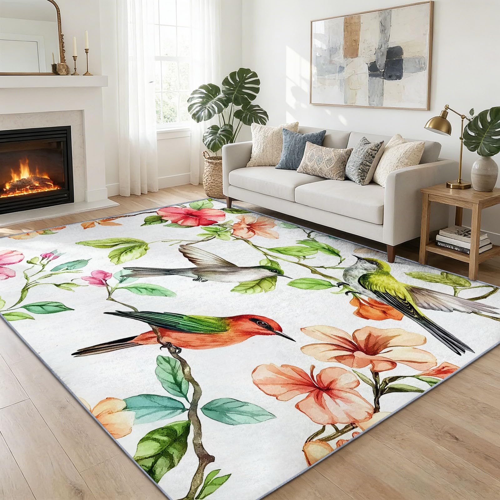 Dywan do salonu kwiaty ptaki gałązki 160 x 230 cm miękki prostokątny antypoślizgowy zmywalny krótki stos dywan, do salonu sypialni pokoju dziecięcego, biały