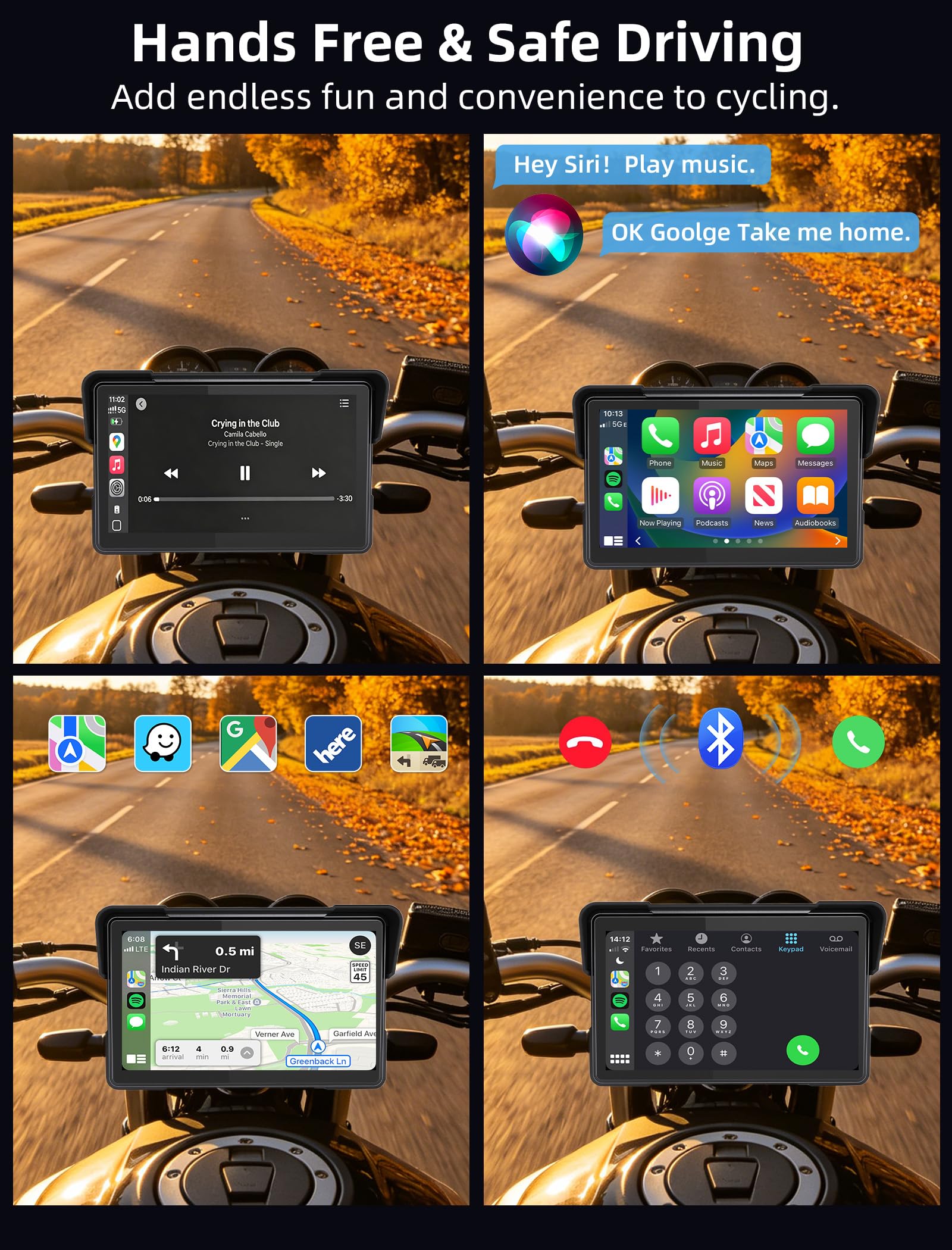 Jansite Carplay Moto da 7 Pollici Navigatore Andrpid Auto Display Impermeabile IPS 2.5D Bluetooth Siri/Assistente Google