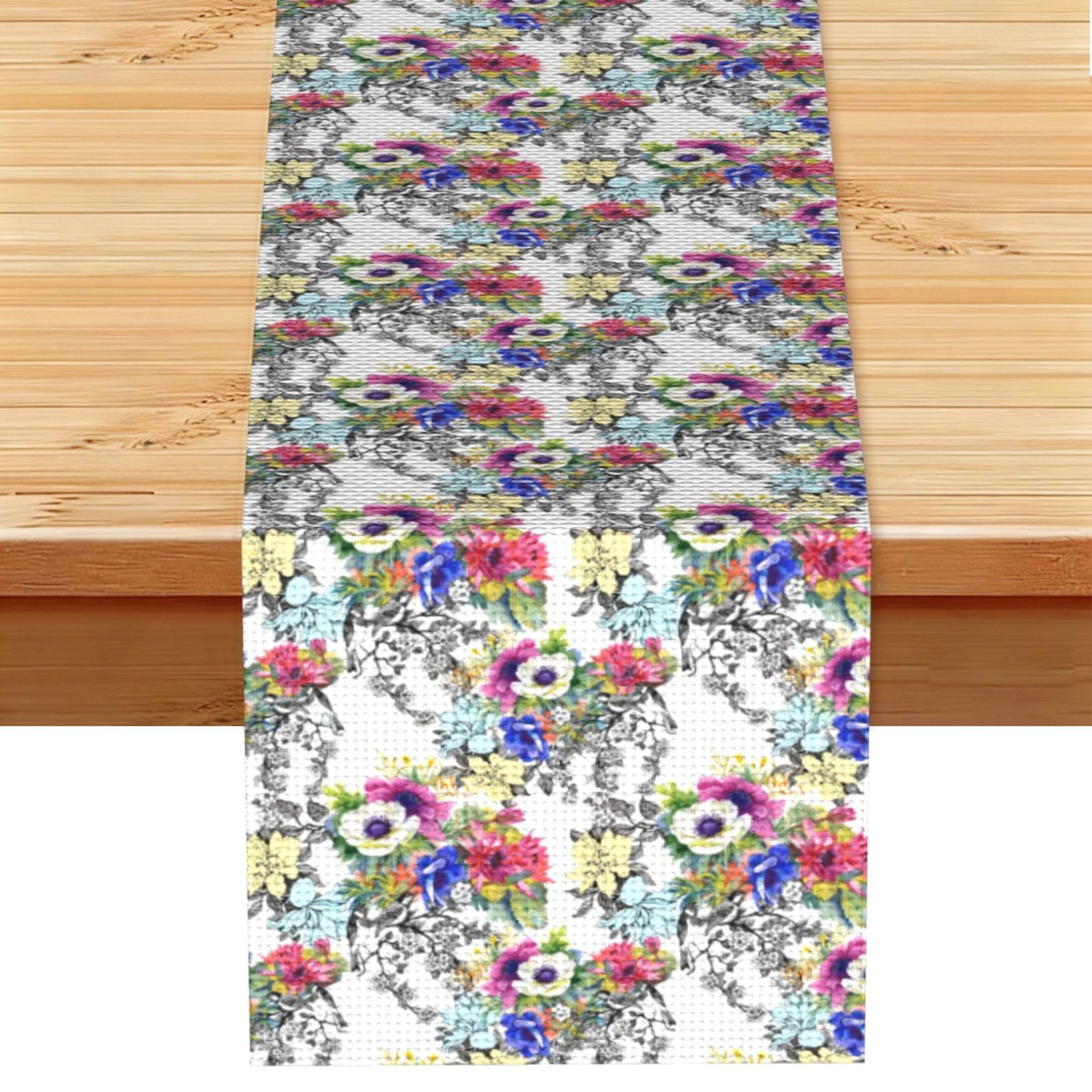 Garden Blossoming Wildflowers Birds Leaves Branches Multi Purpose Table Runner for Home Decor, Printed Table Cloth for Kitchen Table, Countertops & Dining Area