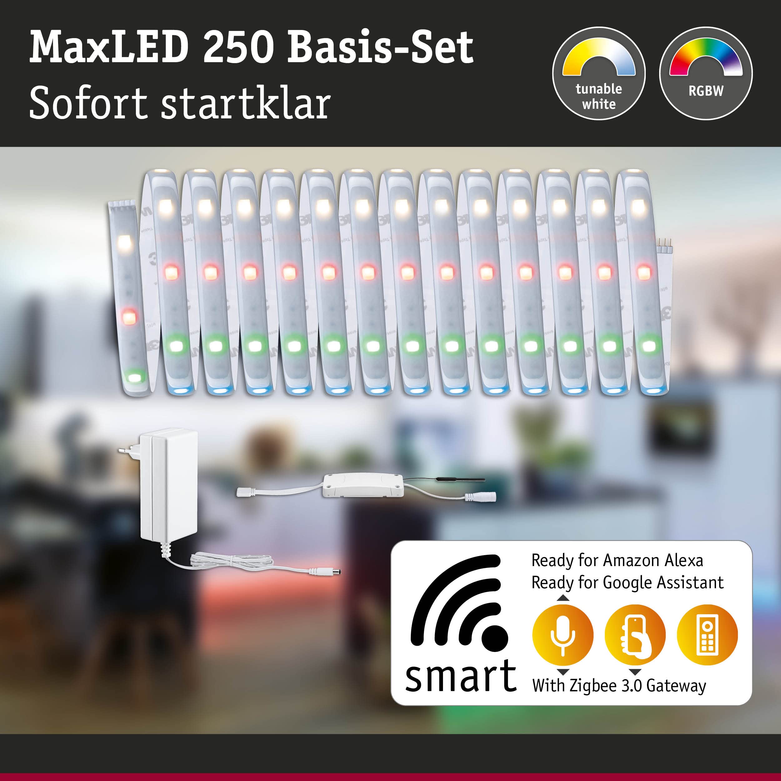Paulmann 78867 LED Stripe MaxLED 250 Basisset Smart Home Zigbee 5m IP44 22W 1000lm 30LEDs/m RGBW+ 36VA dimmbar Silber Kunststoff