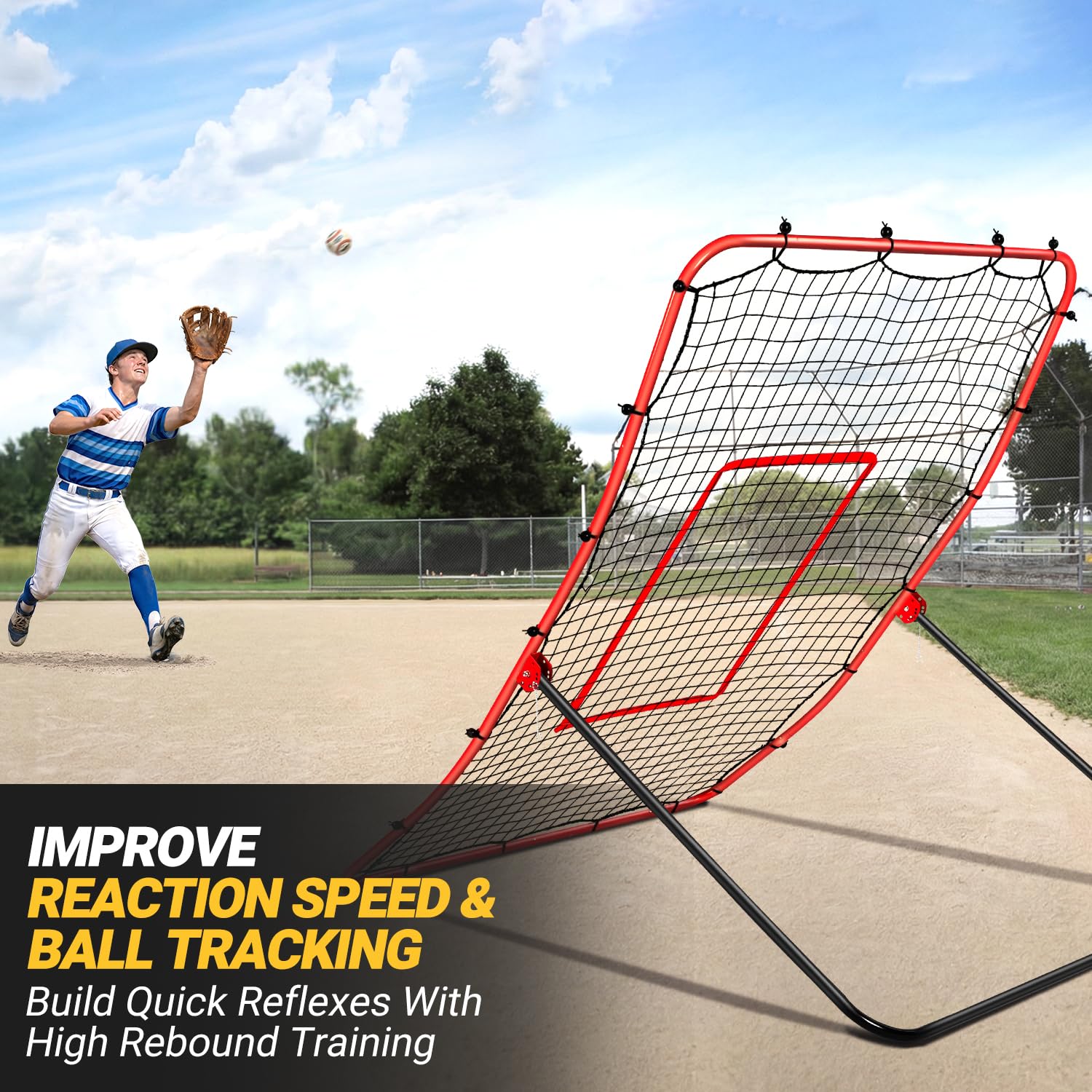 Baseball-Rebounder- und Pitchback-Netz, 5 Winkel verstellbar, simulierender Erdungs- und Fliegenball-Trainer für Spielfeld, Werfen, Fangen, Baseball- und Softball-Pitching und Feldrückprallnetz für