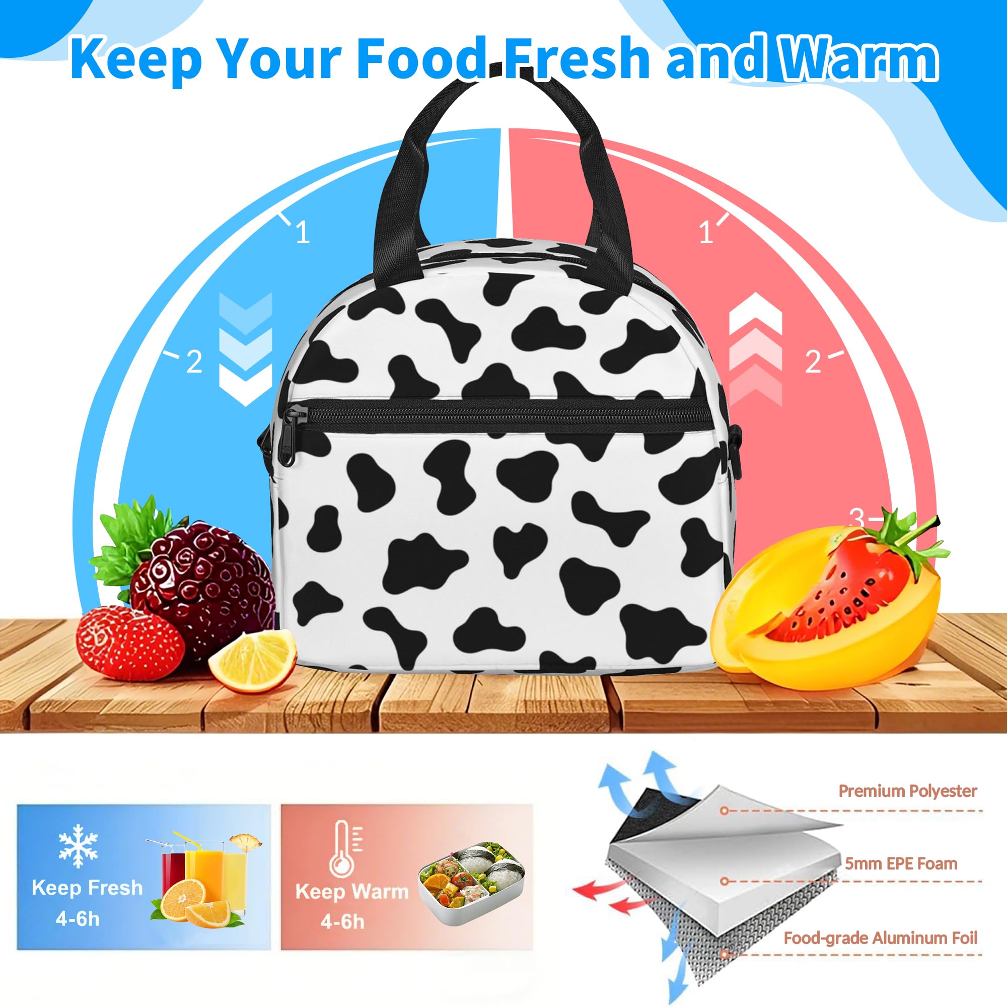 Gelasgo Cow Insulated Lunch Bag, Reusable Portable Thermal Leak-Proof Waterproof Lunch Tote for Kids/Adults,Detachable Strap - Image 4