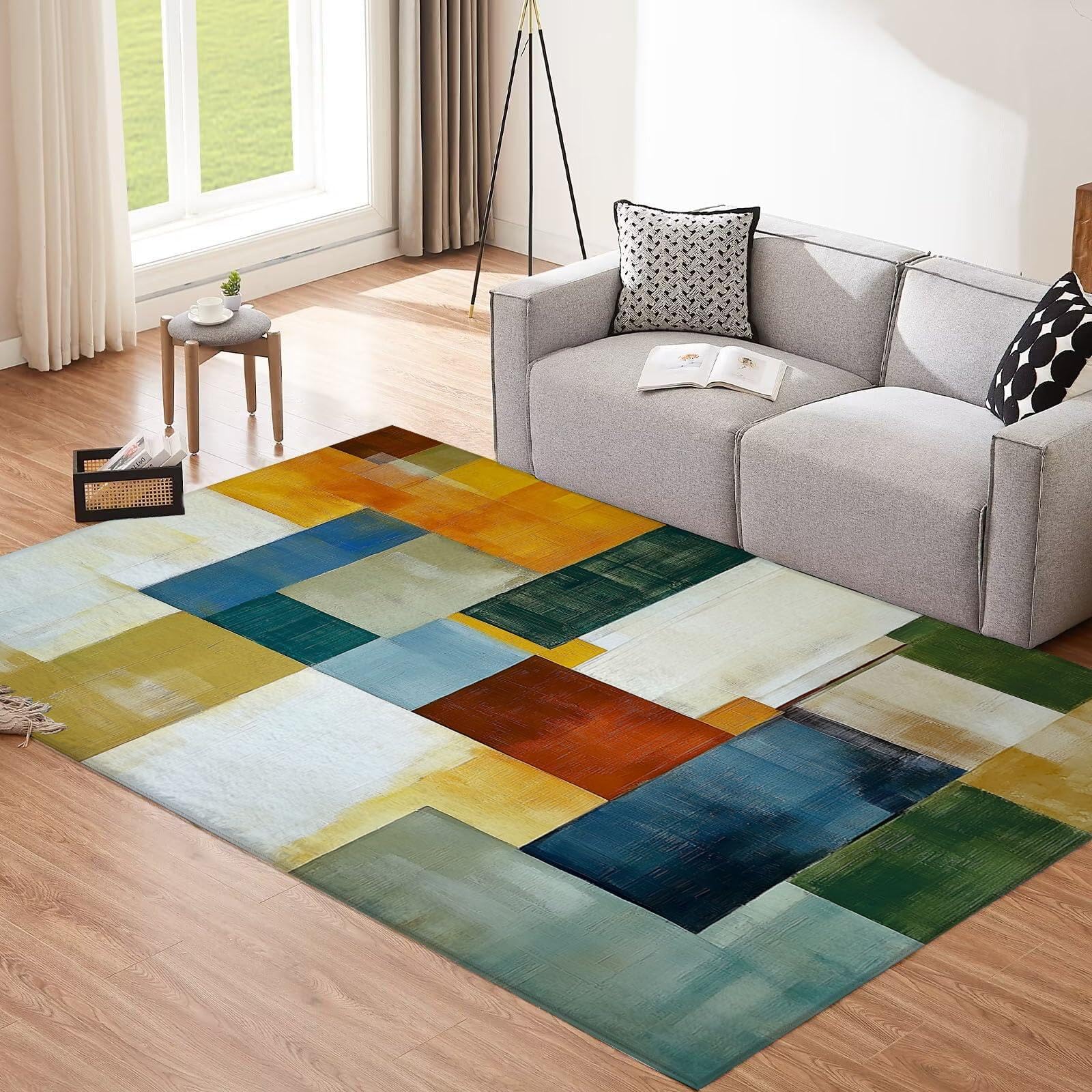 Farbblock Teppich Wohnzimmer 200x200cm Modern Waschbar Großer Geometrischer Teppich Schlafzimmer, Blaue und Grüne Quadrate Weich Kurzflor rutschfest Teppiche für Esszimmer Türrahmen Flur