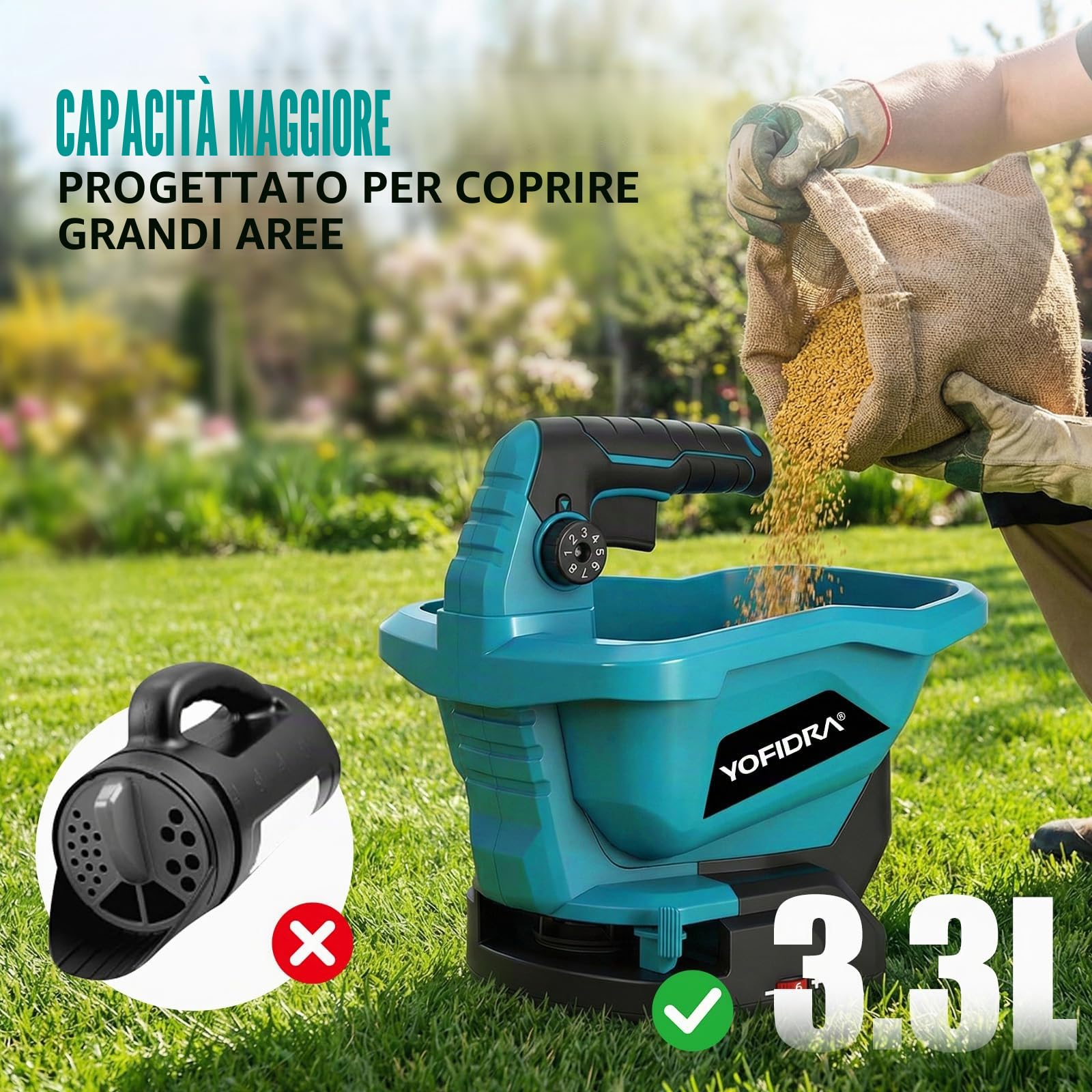 Yofidra Spandiconcime a Batteria - Spargitore Universale a Batteria con 2x2.0Ah batterie, Attacco da 3,3 Litri, 5 m di Larghezza, Copertura di 800 m², 6 velocità, per Semi e fertilizzanti per Prato