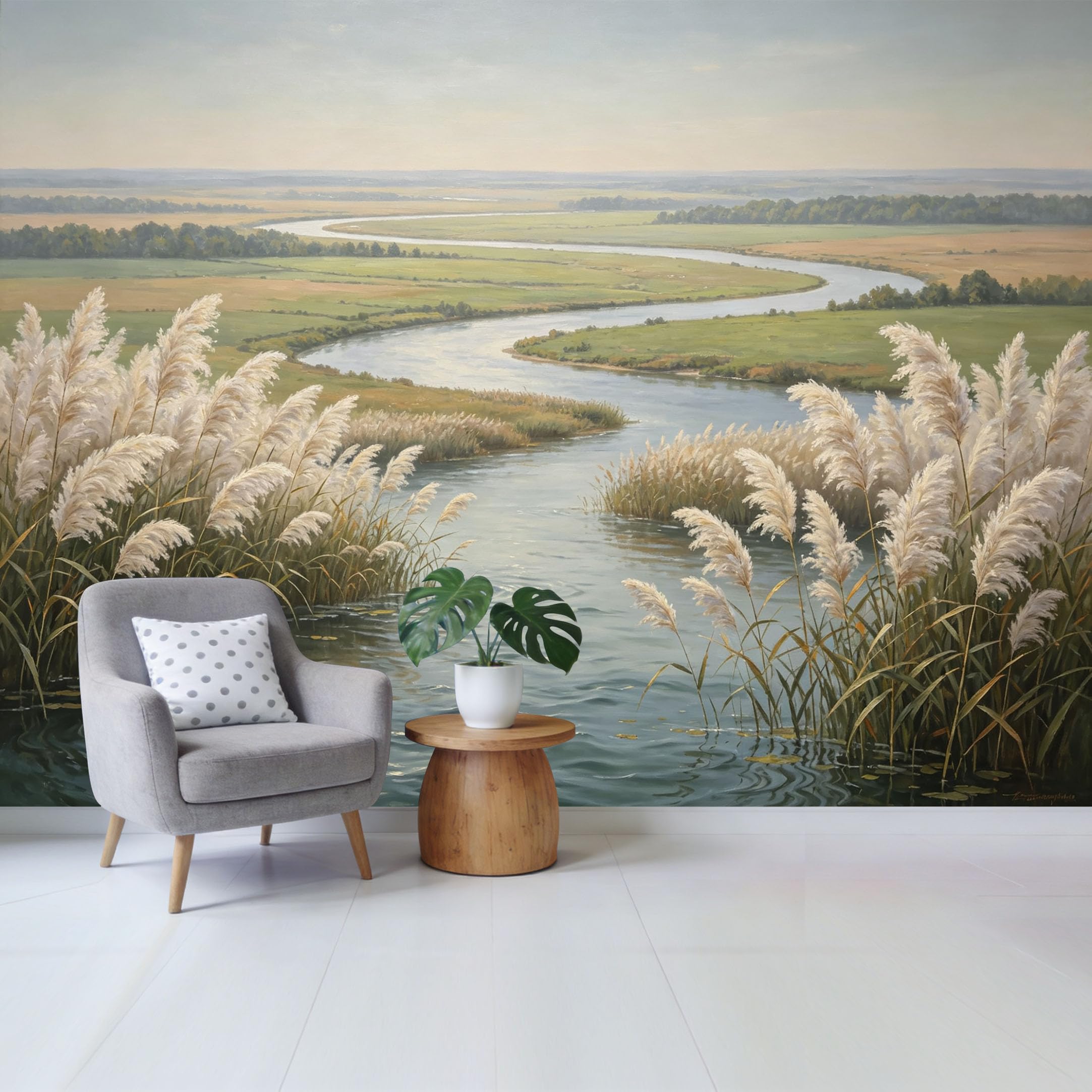 Qzlithotic Yq2605250455 Custom Size Wall Mural Serene River Landscape Oil Painting Reed Fields Selfadhesive Wall Fabric Removable Wallpaper For Home Office Decor