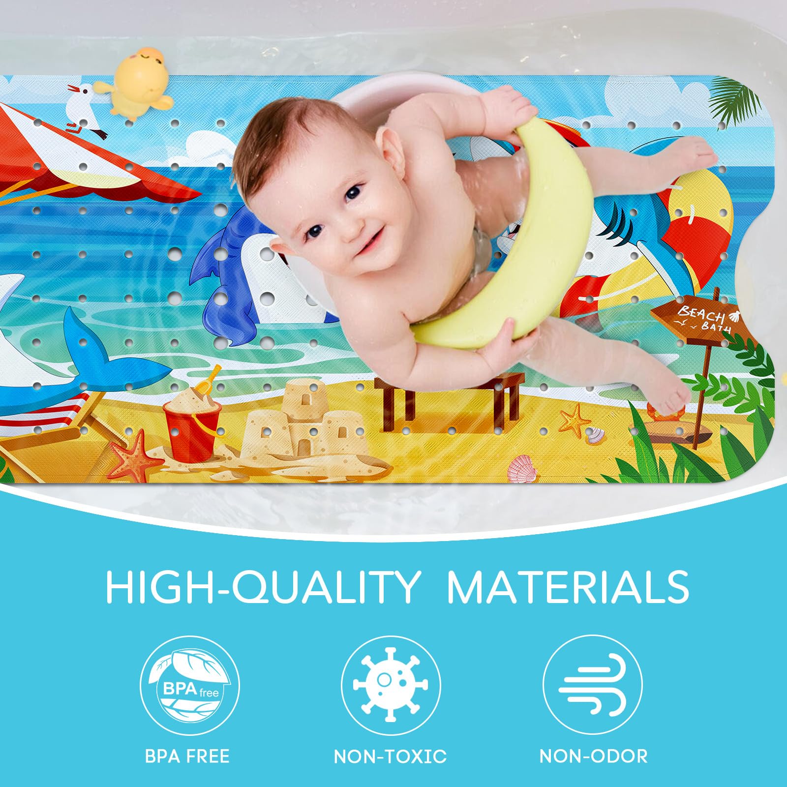 SHUCHING Tapis de Bain Antidérapant pour Enfants, Tapis Antidérapant Baignoire Bebe 100 X 40 cm, Tapis de Douche, 100% sans BPA et Lavable en Machine (Requin)